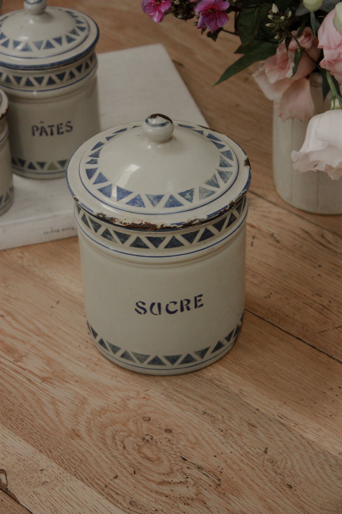 Vintage 1930s enamel canister set - geometric design