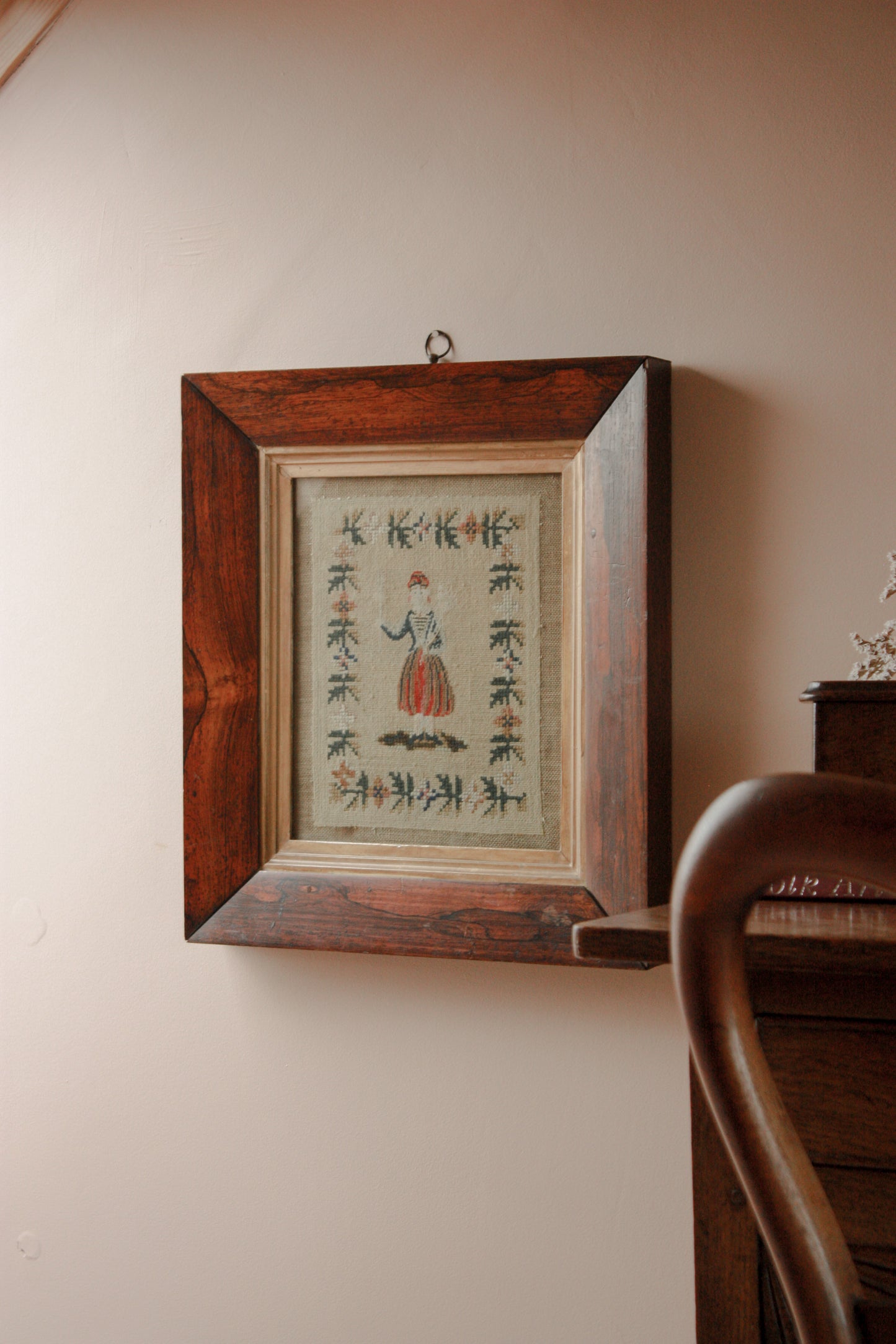 Vintage framed needlepoint embroidery folk art