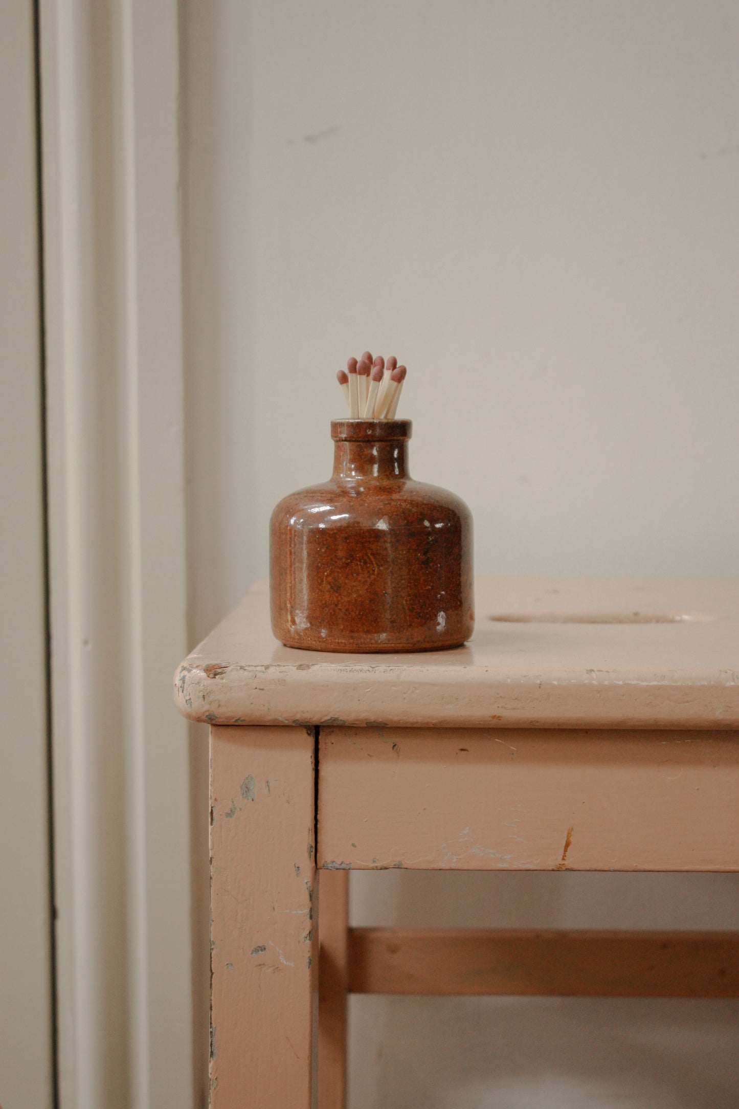 Vintage stoneware ink bottle match pot