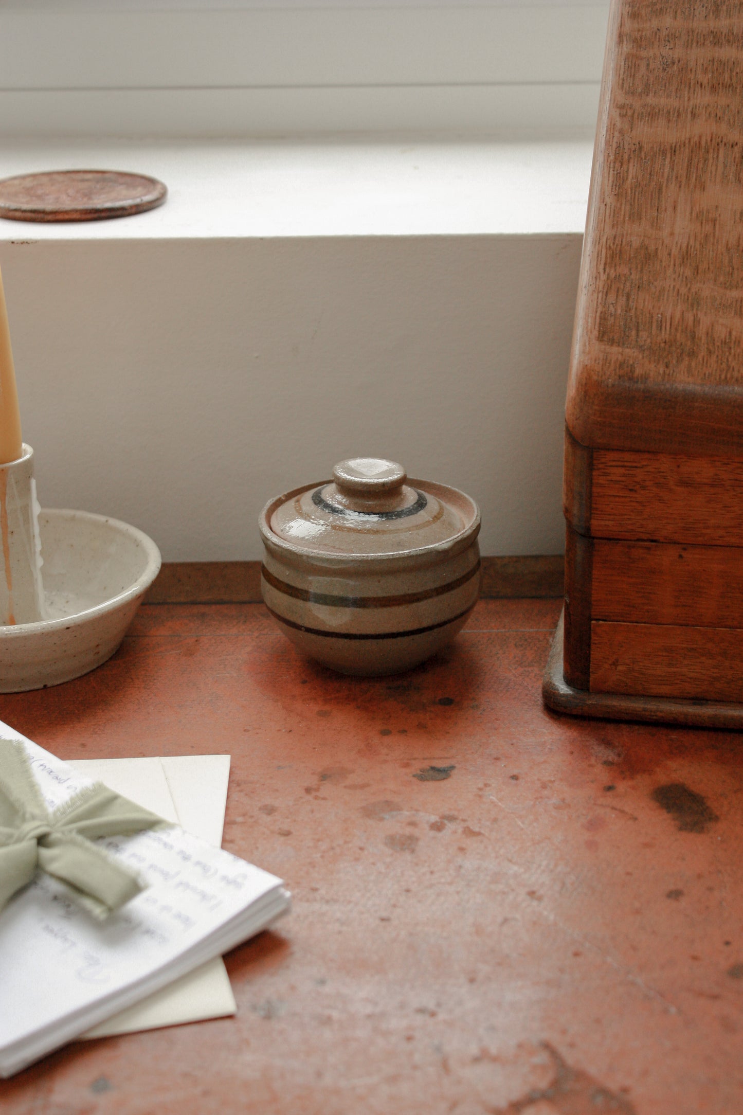 Vintage studio pottery striped trinket pot