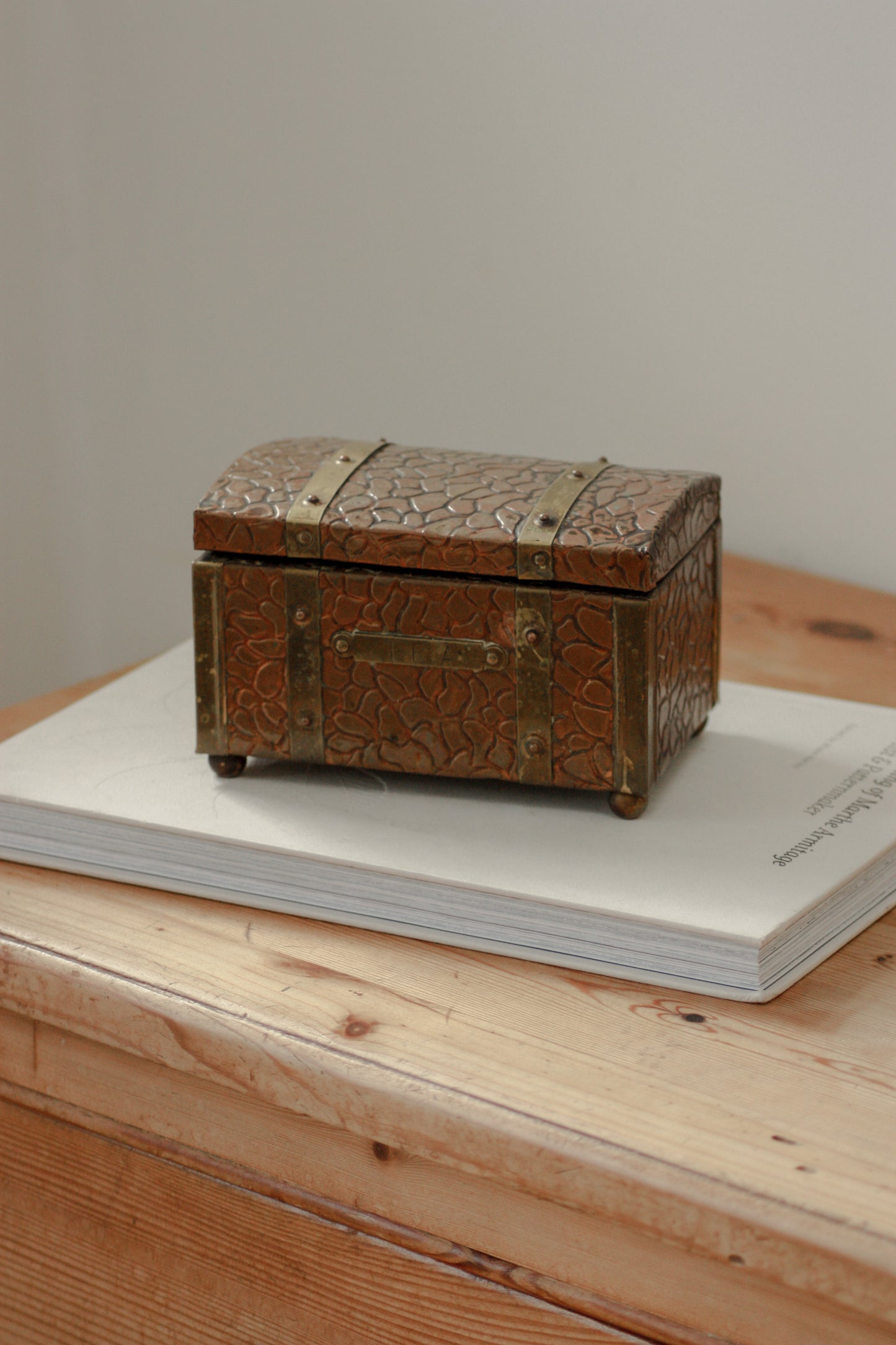 Vintage wooden, copper and brass tea caddy chest