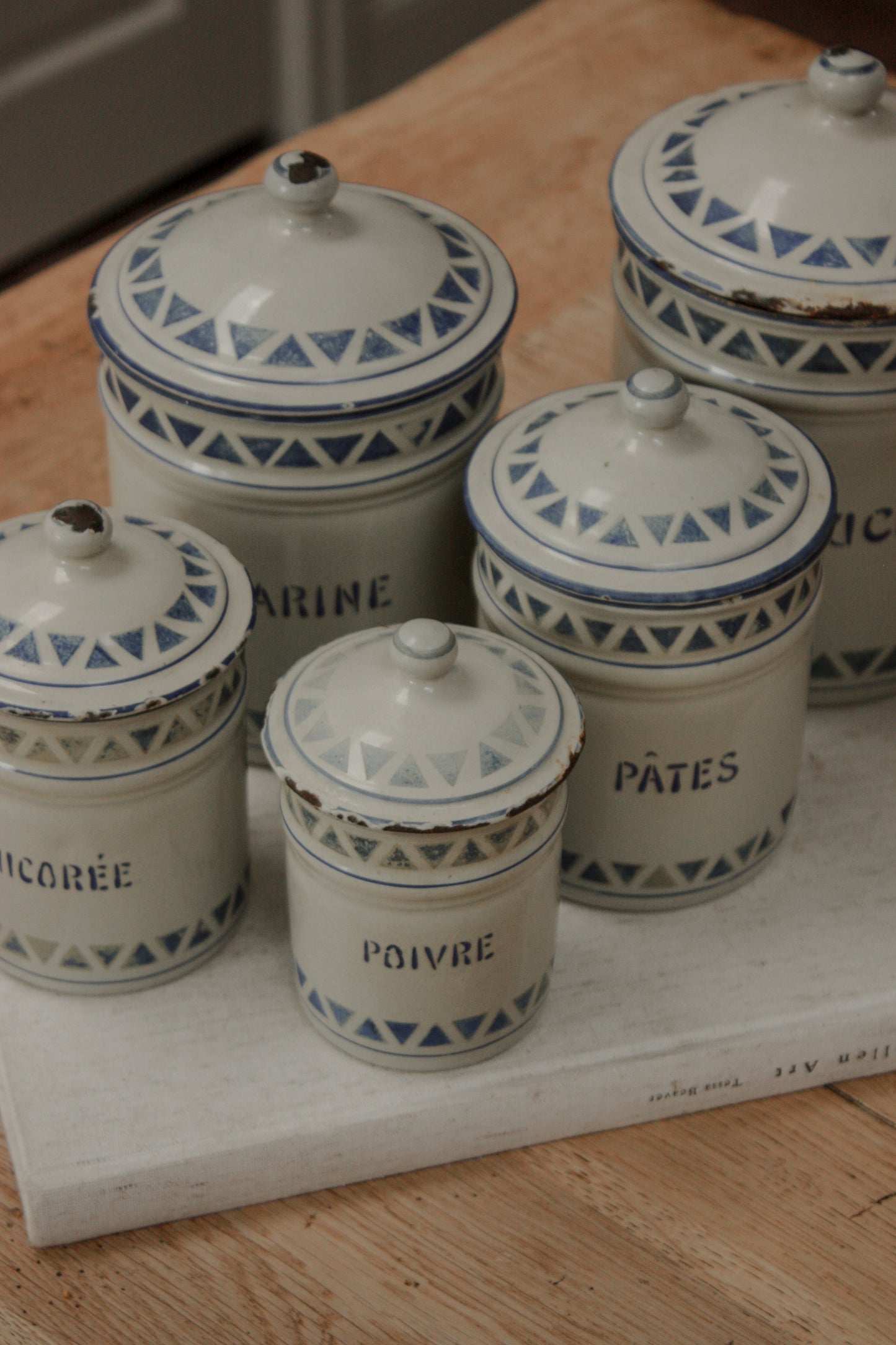 Vintage 1930s enamel canister set - geometric design