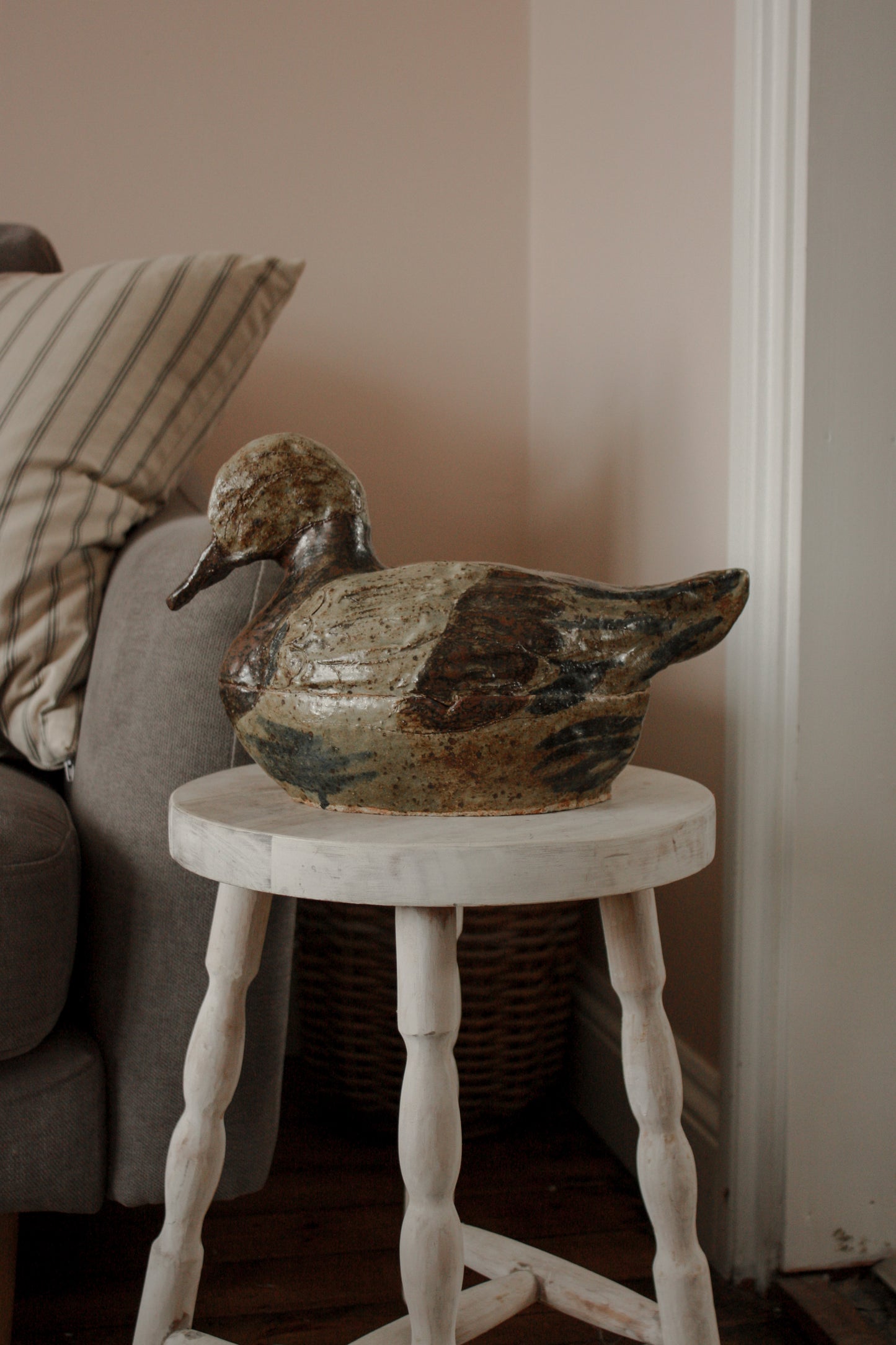 Vintage art pottery duck storage pot