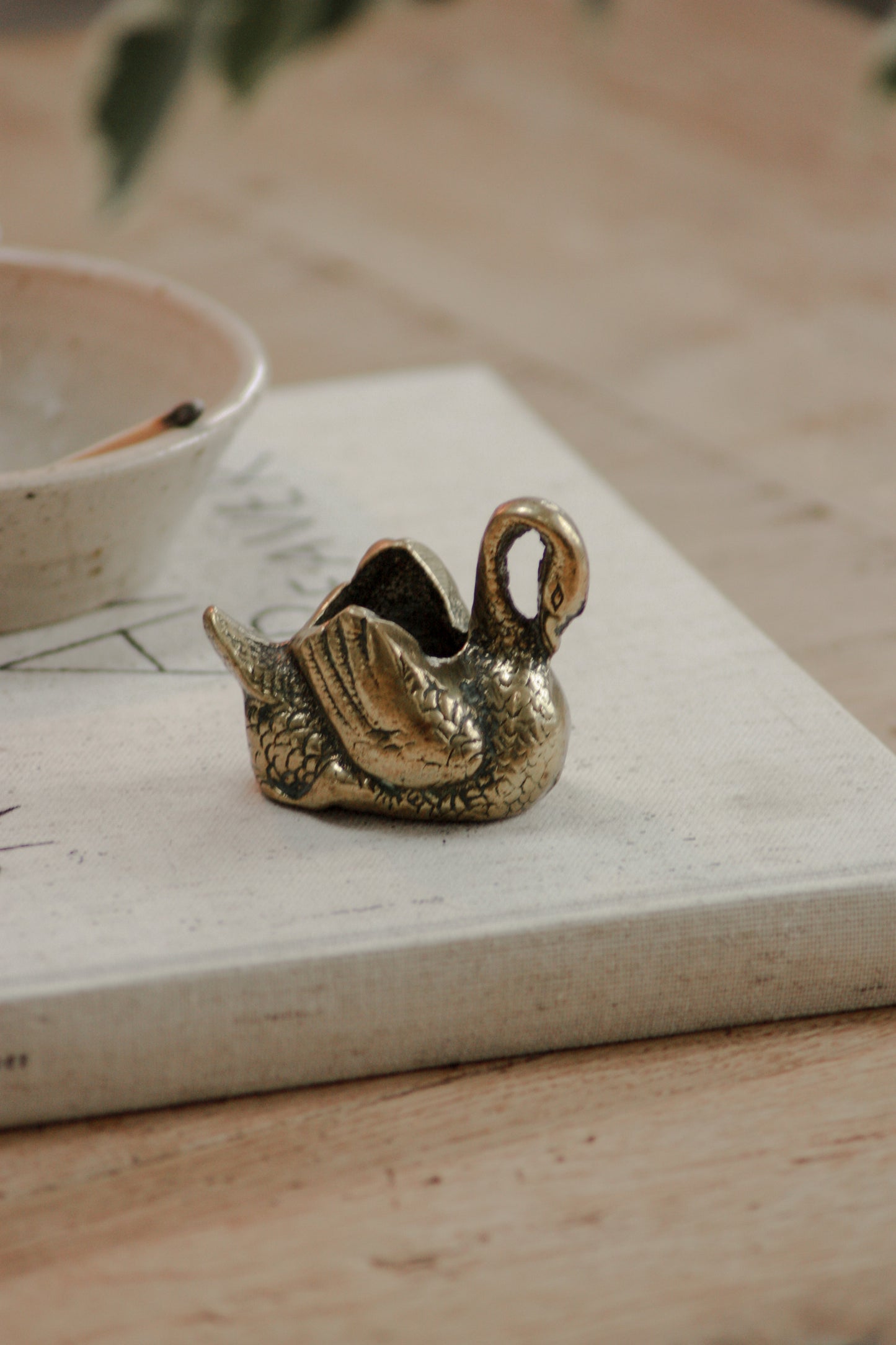 Vintage brass swan match pot