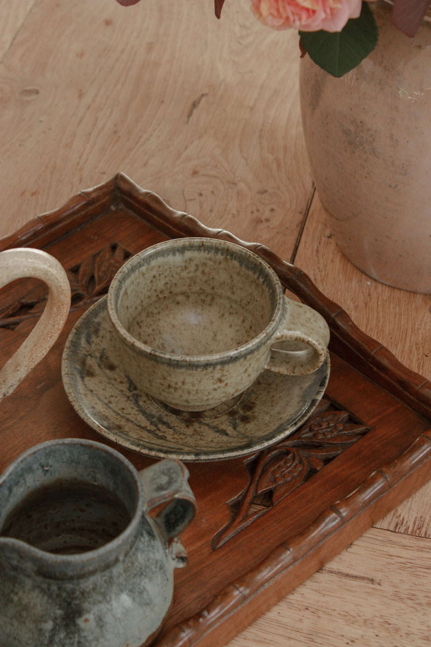 Pair vintage studio pottery cups and saucers