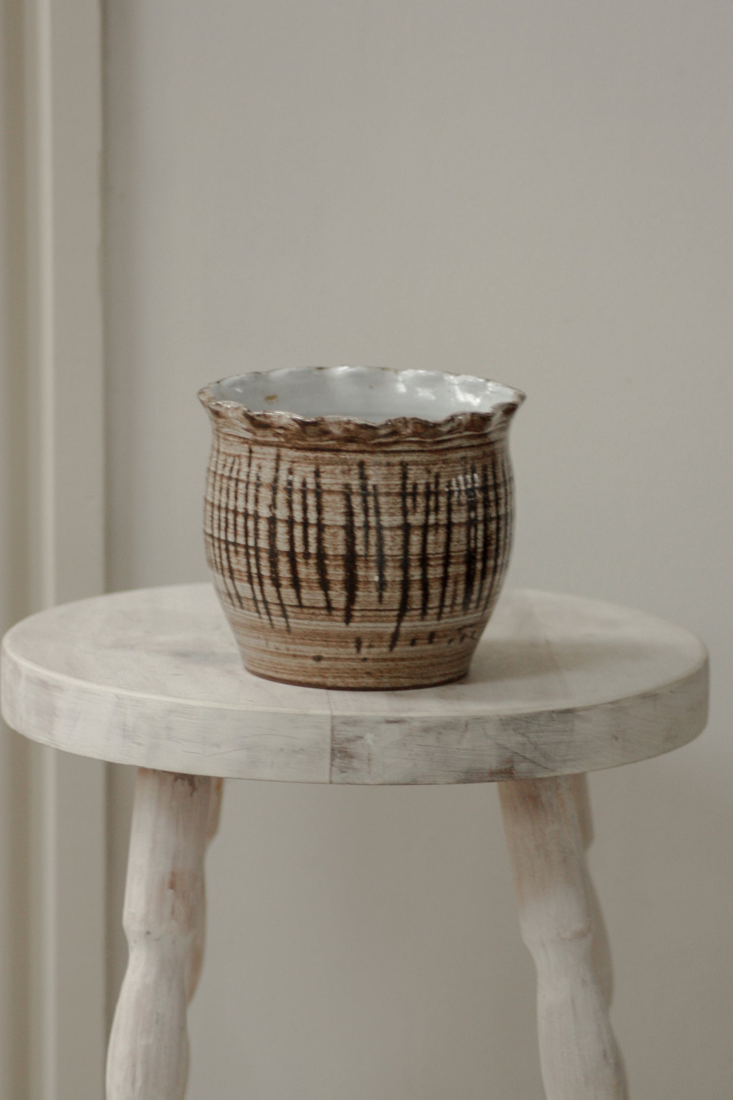 Vintage studio pottery ruffle rim pot
