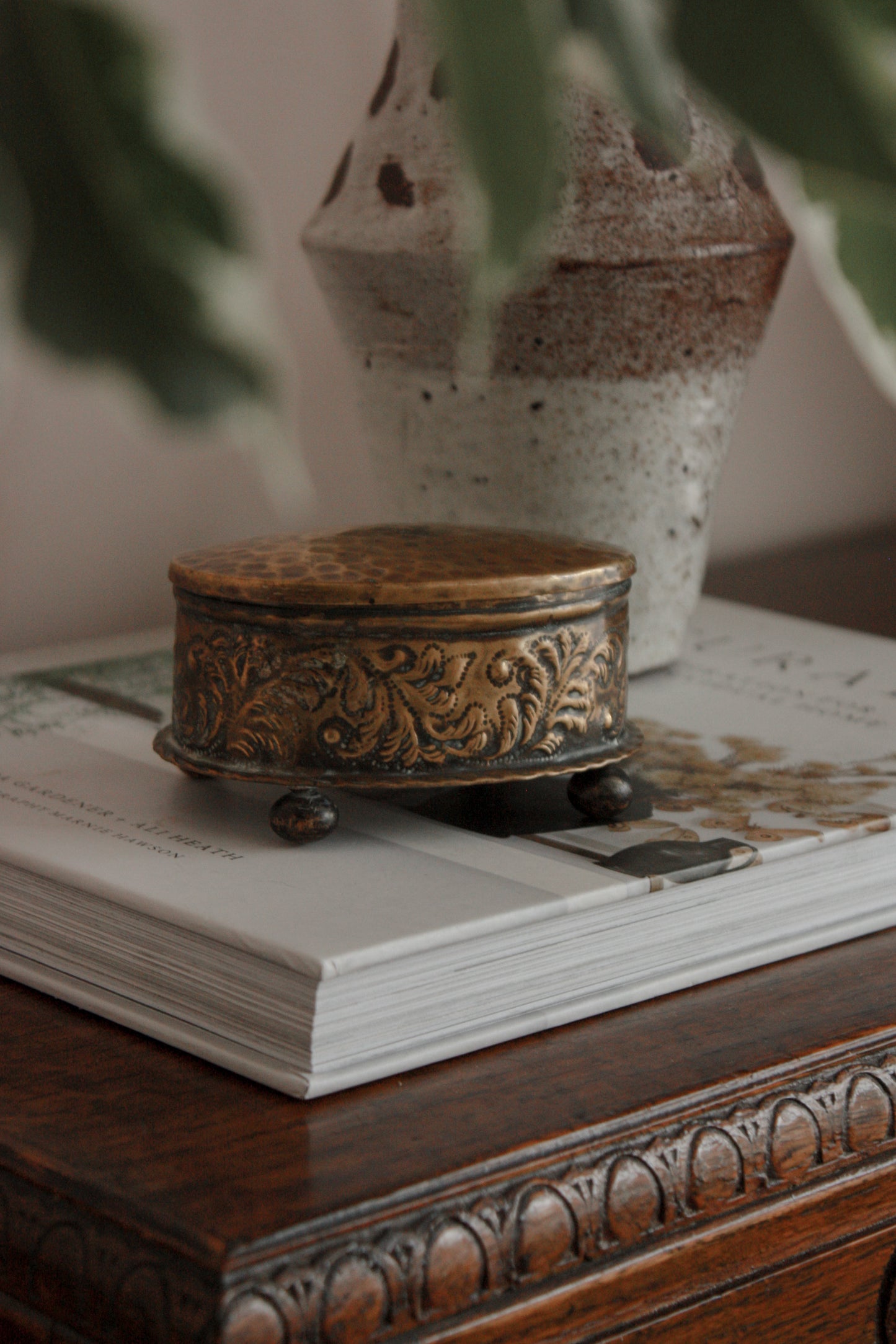 Vintage arts and crafts hammered brass trinket box