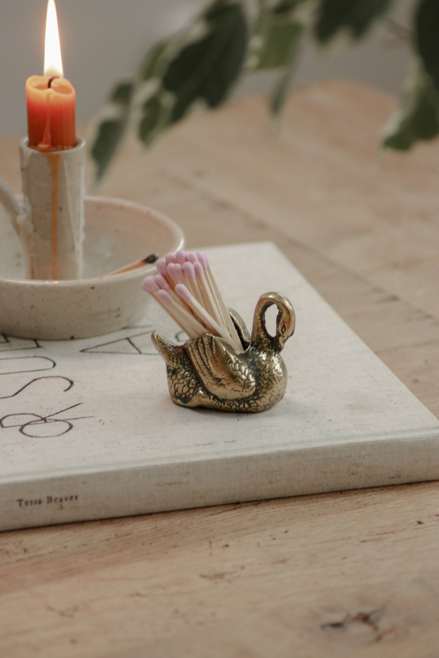 Vintage brass swan match pot