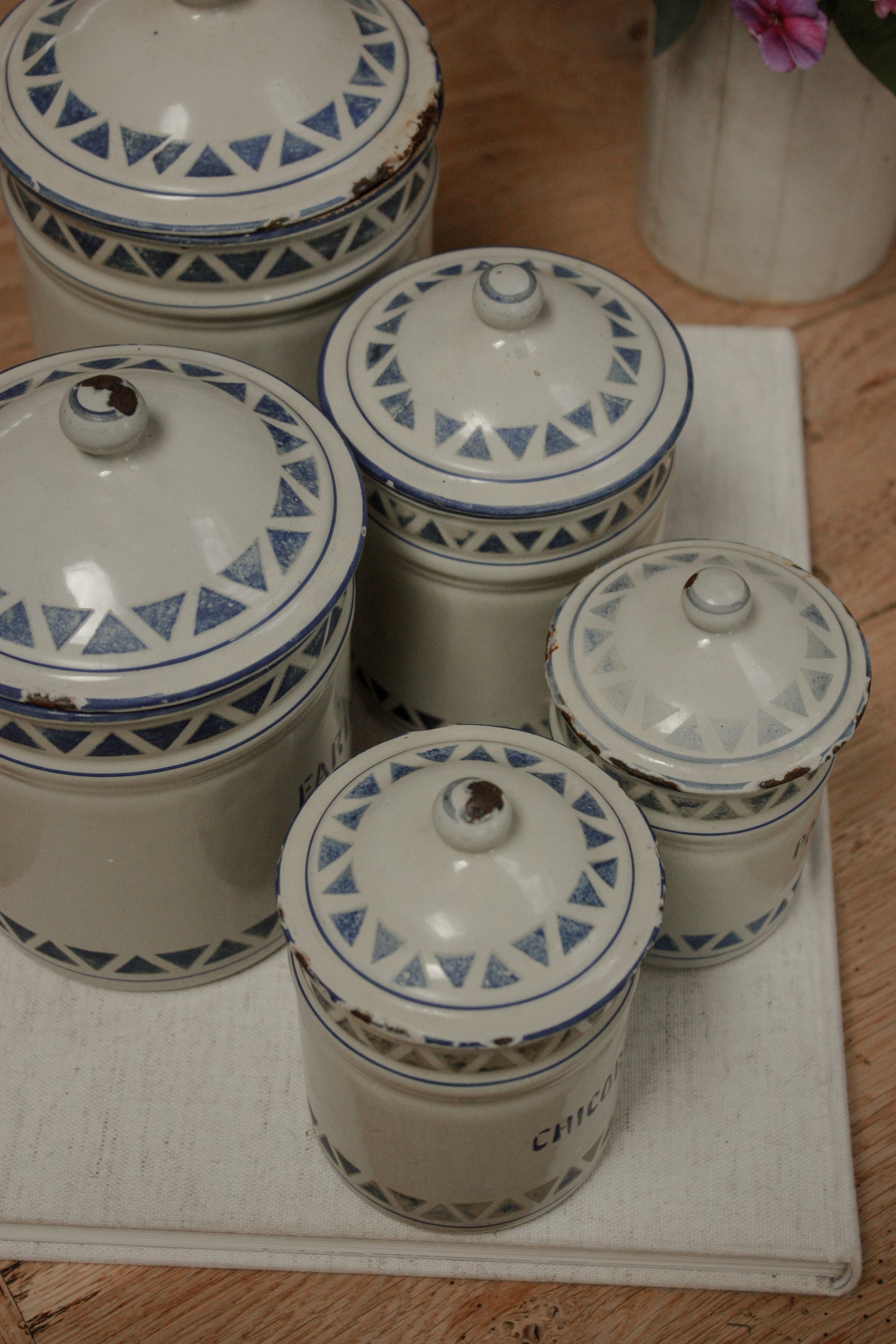 Vintage 1930s enamel canister set - geometric design