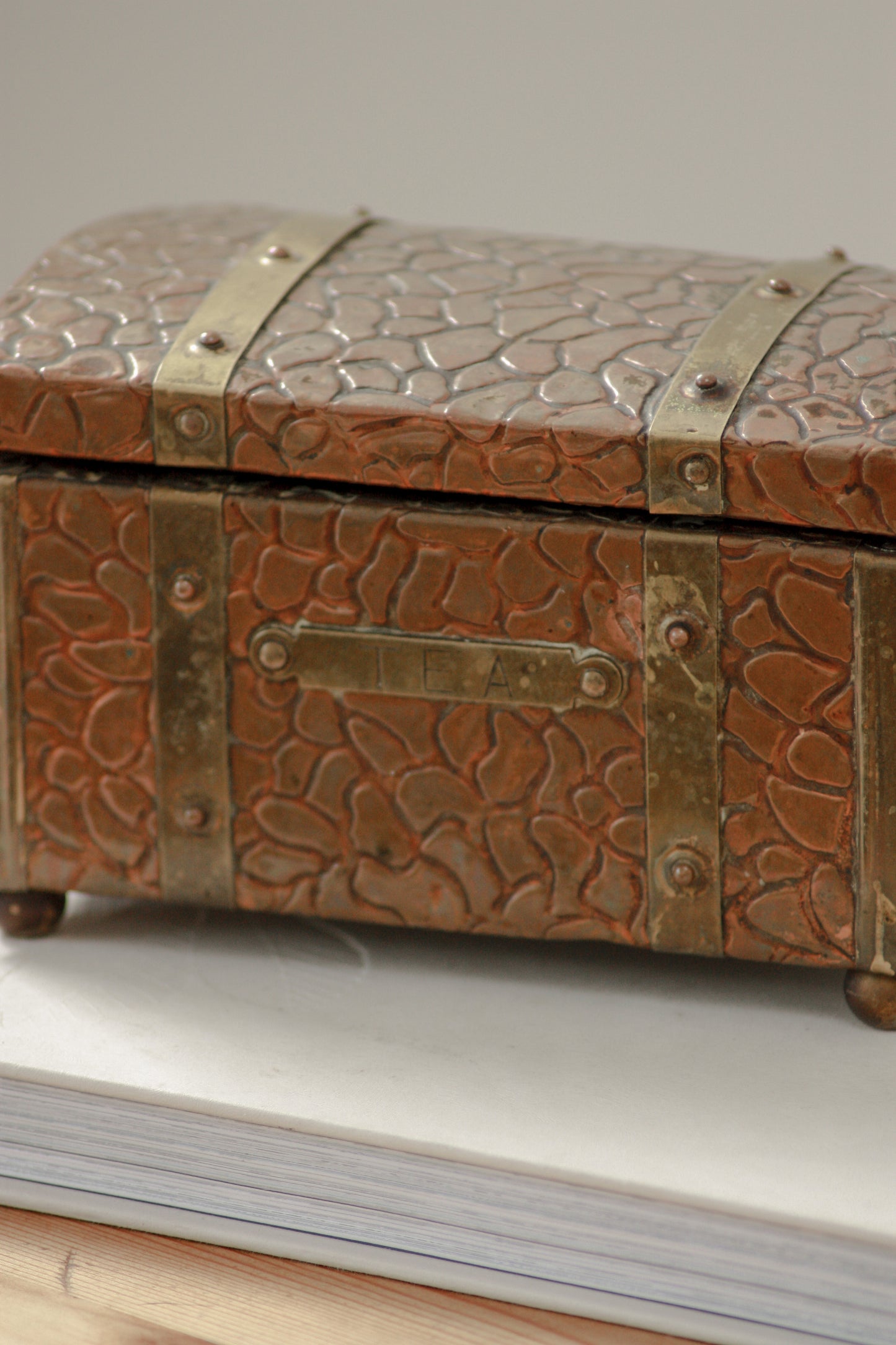 Vintage wooden, copper and brass tea caddy chest