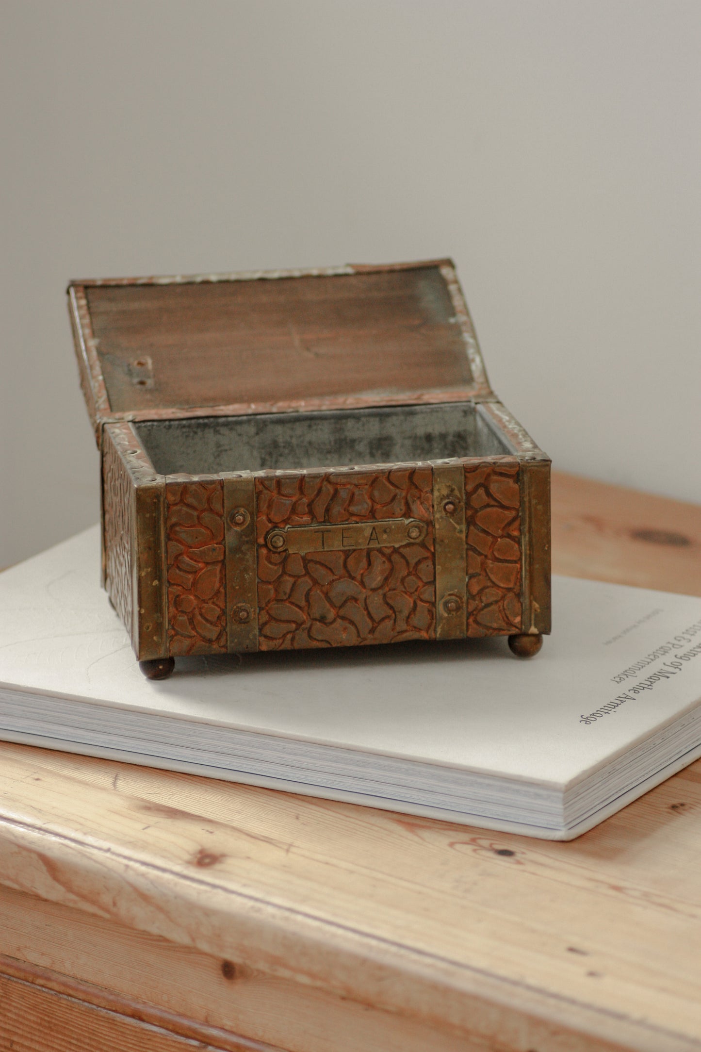 Vintage wooden, copper and brass tea caddy chest