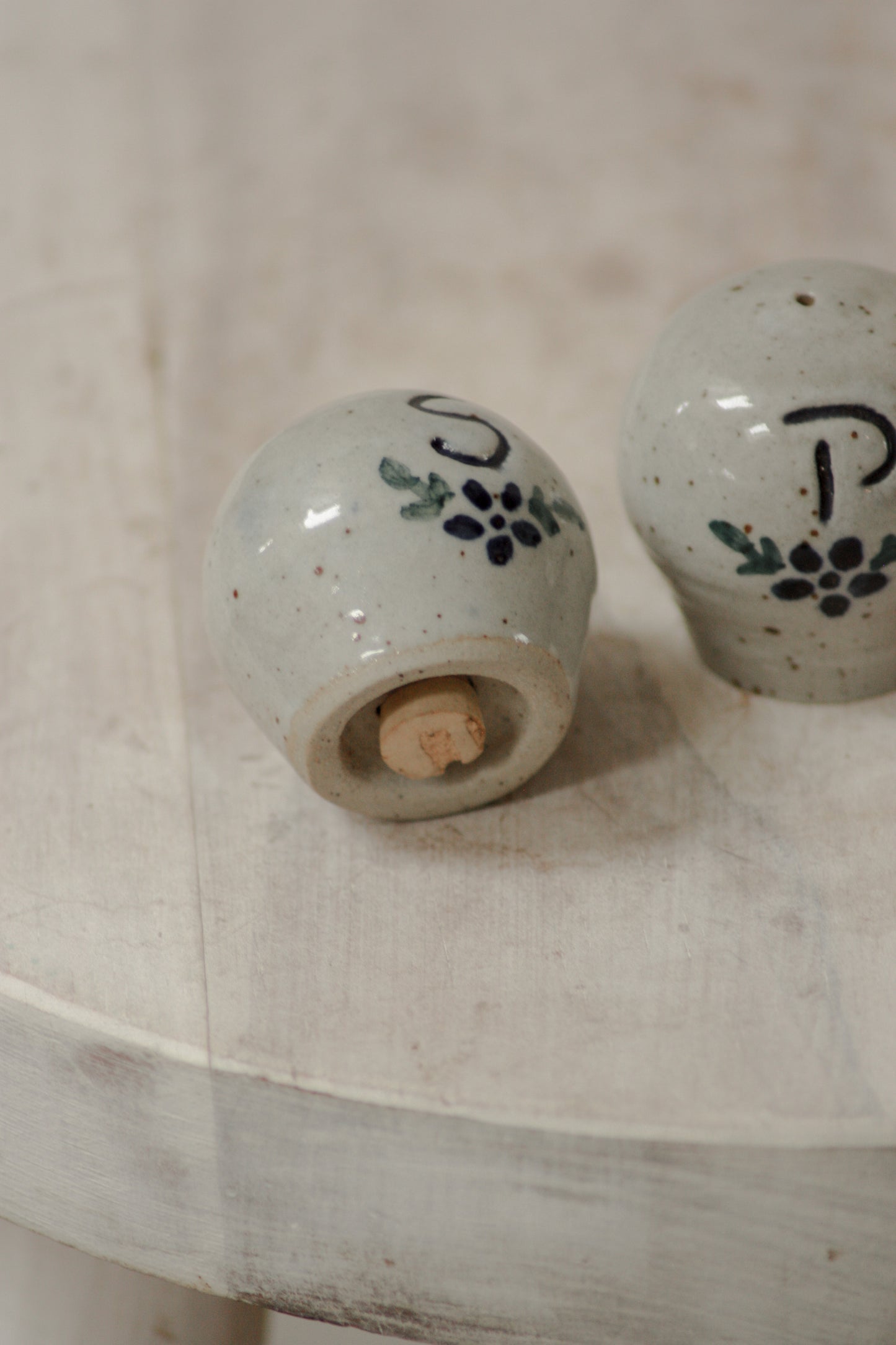 Vintage handmade pottery cruet set with cork bungs