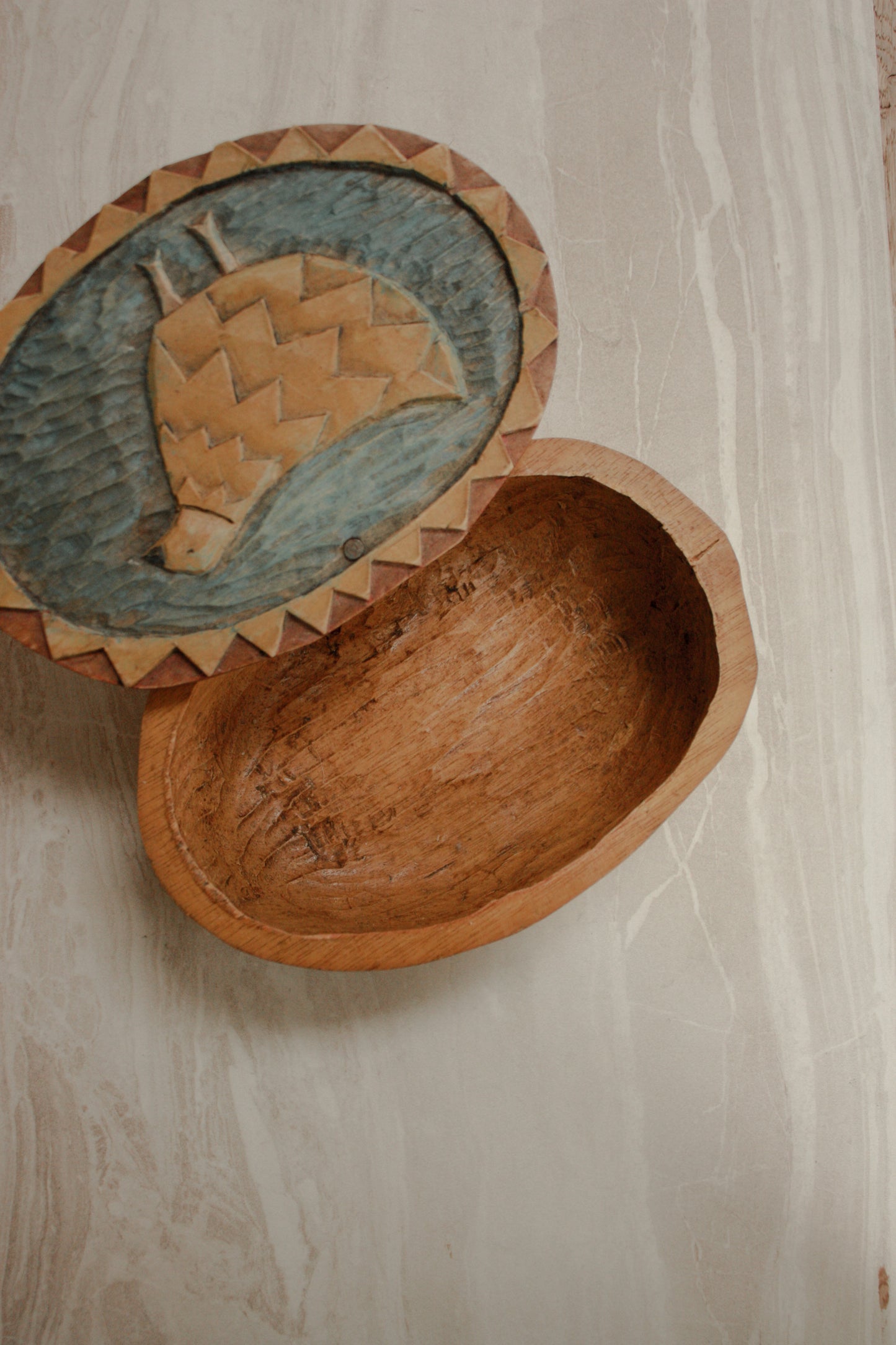 Vintage French folk art trinket box with carved hen design