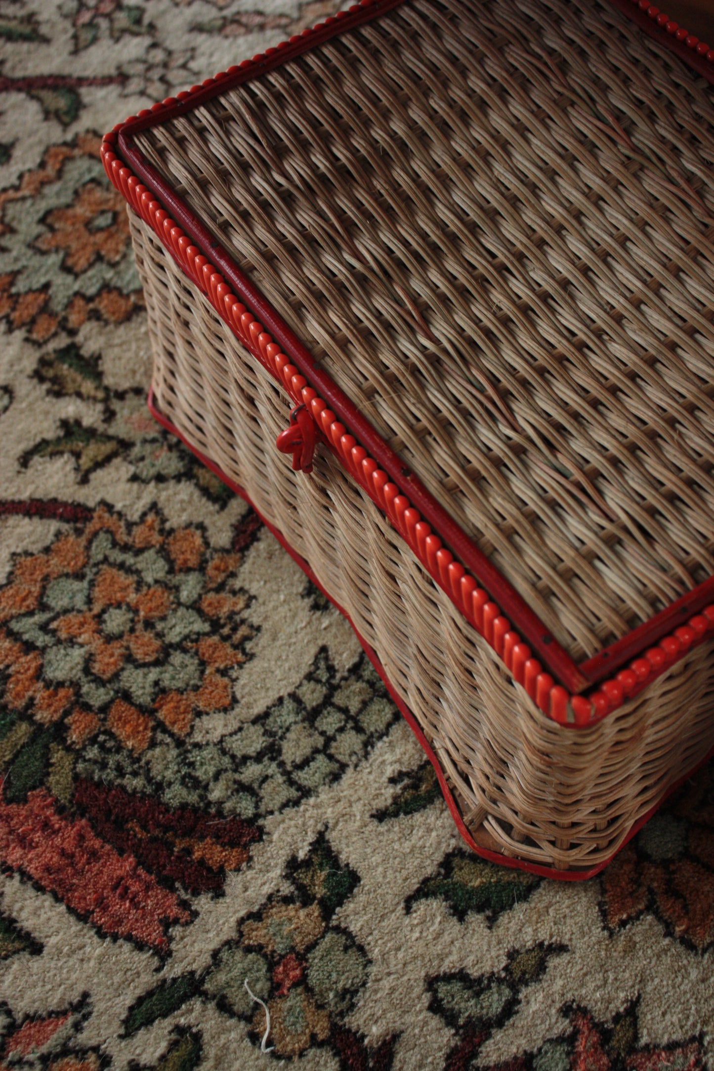 Vintage sewing box with red lining and trim