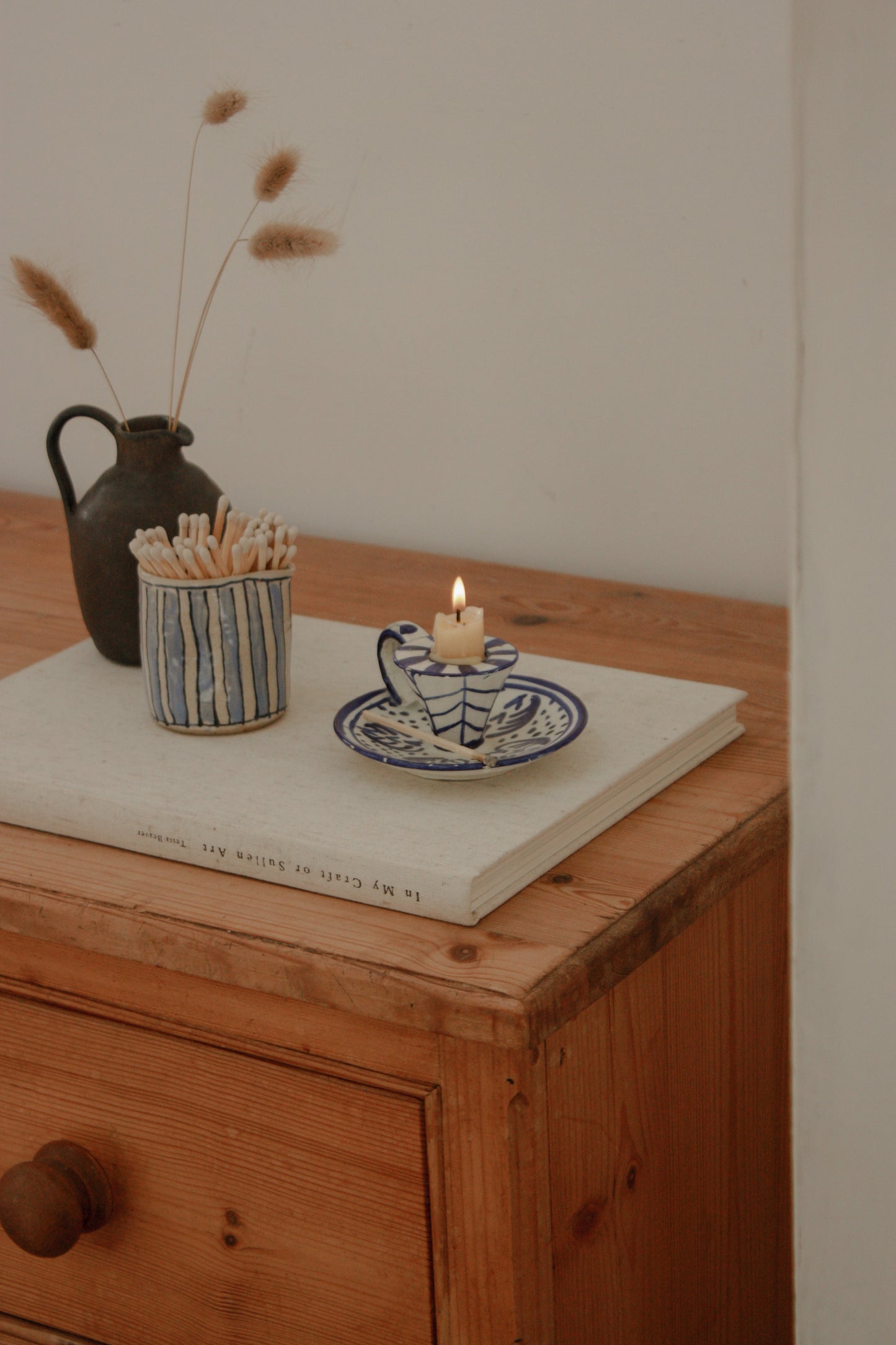 Vintage blue and white ceramic candleholder