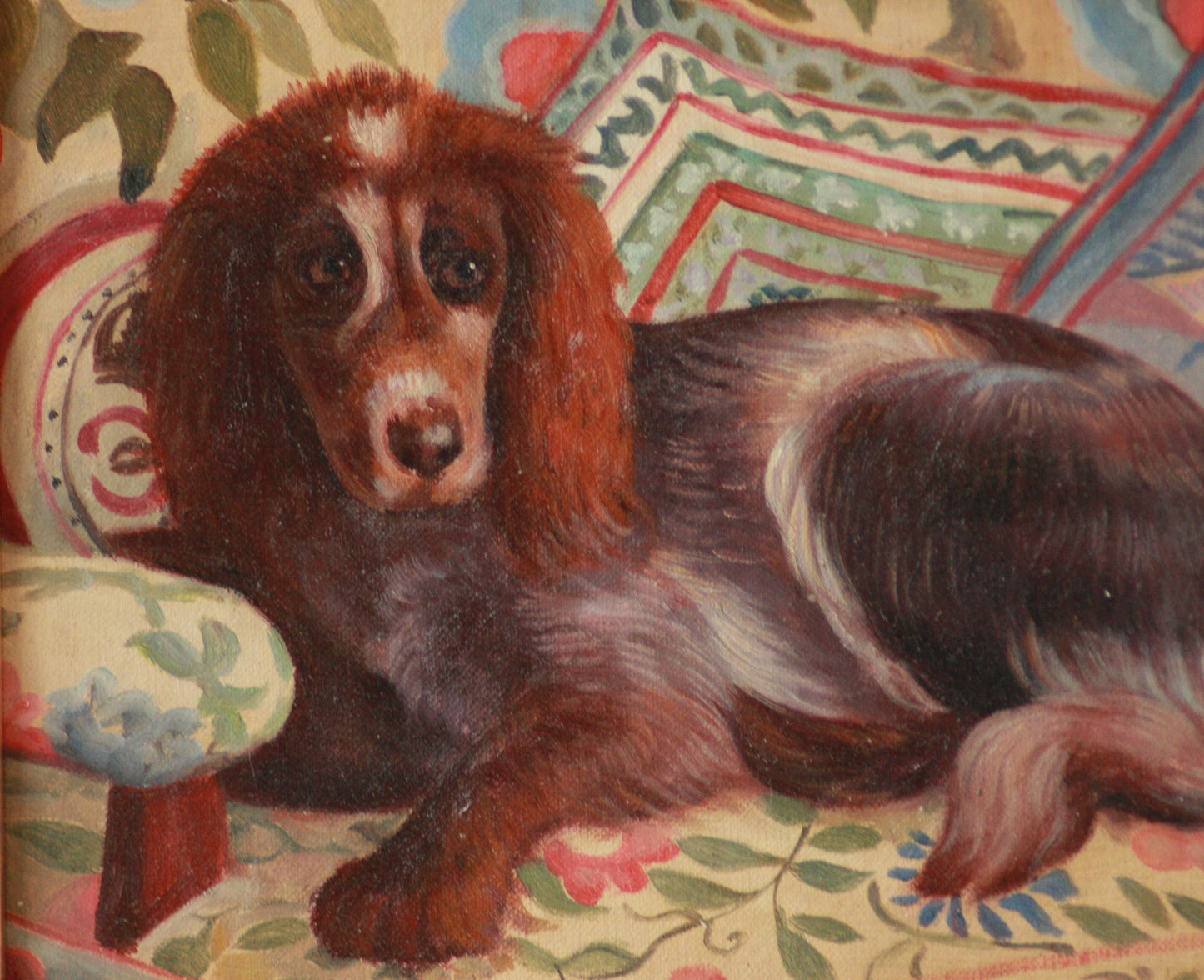 Antique framed oil painting - Dog on sofa
