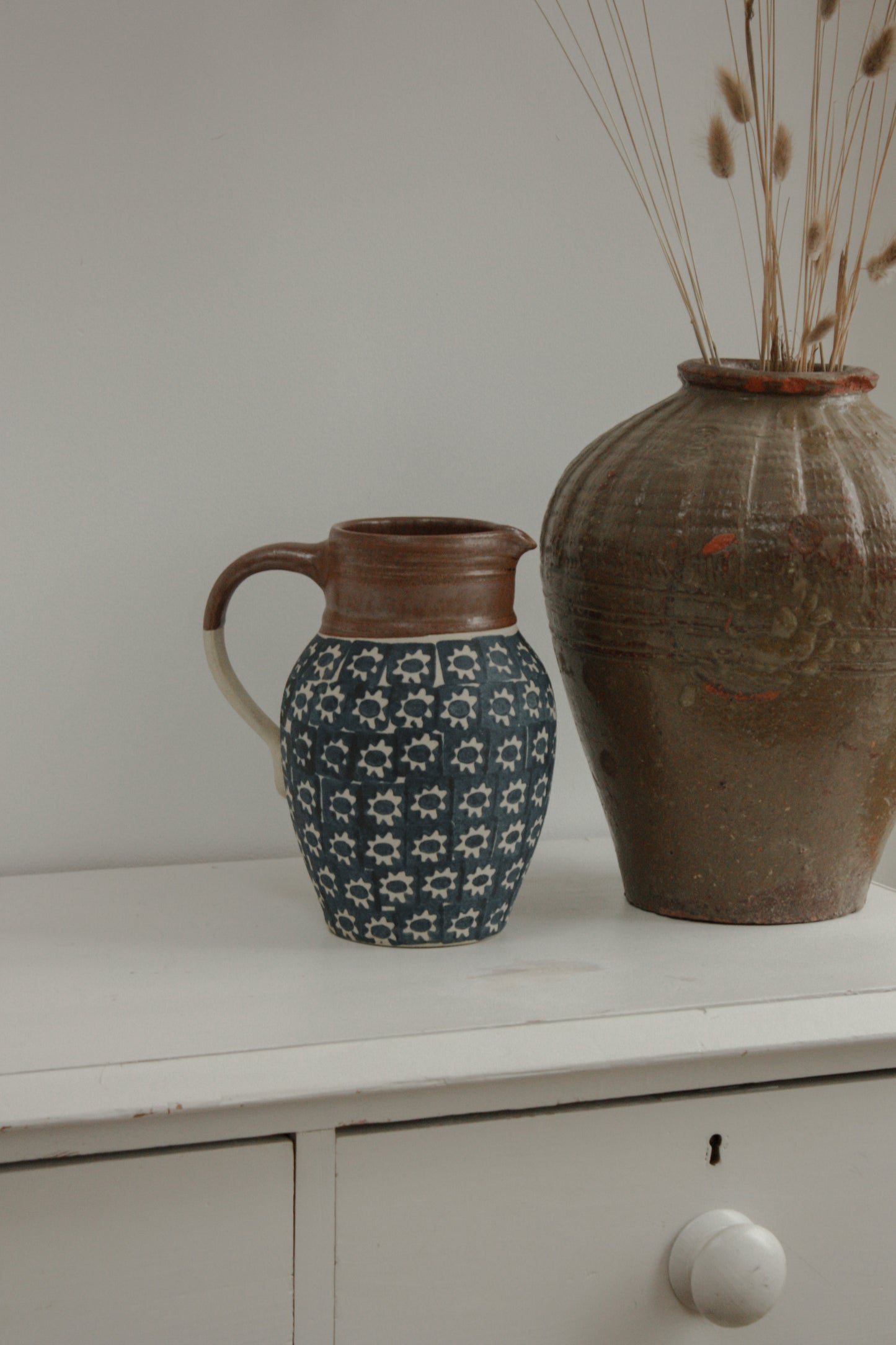 Vintage studio pottery block print pitcher