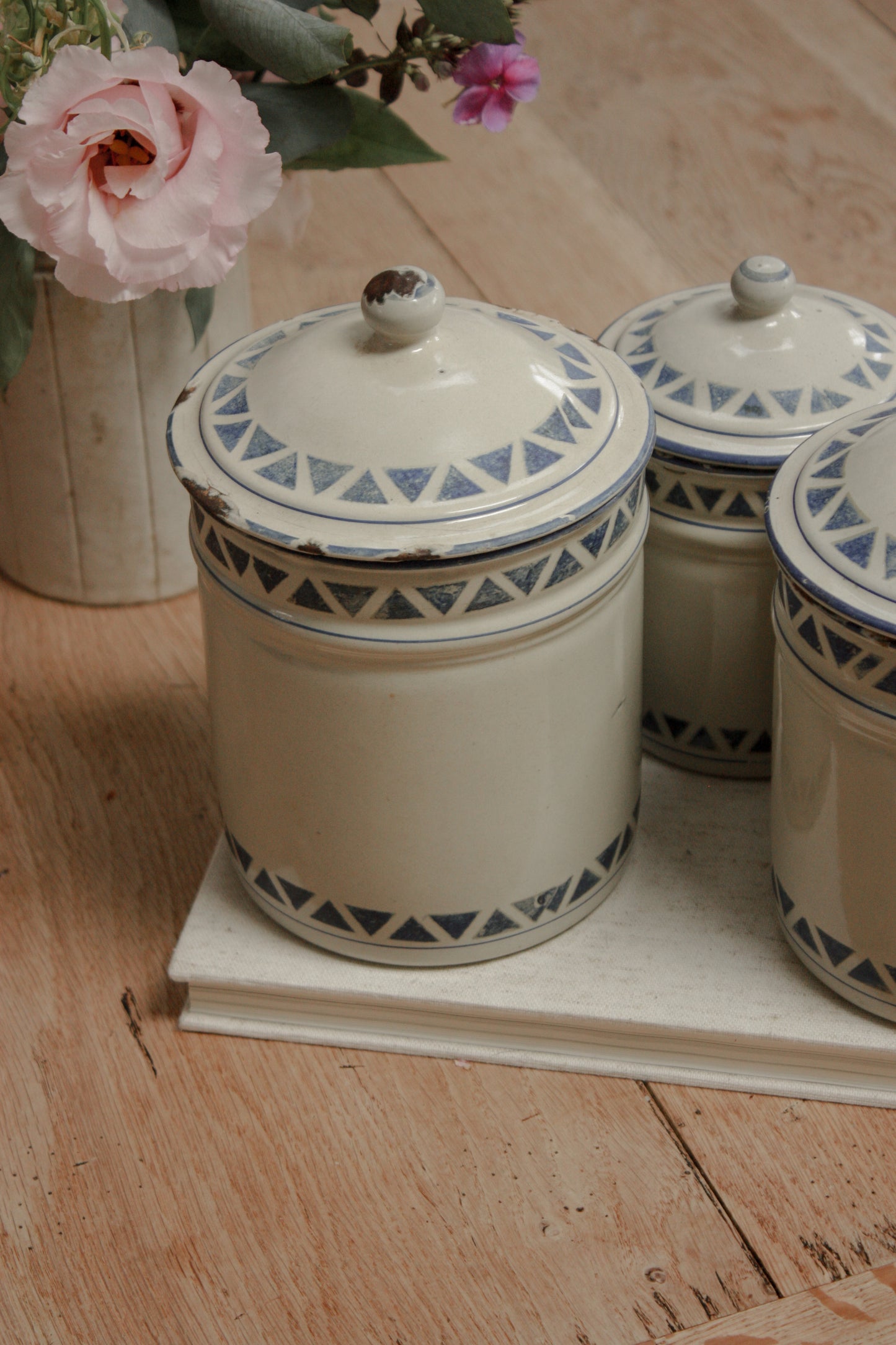 Vintage 1930s enamel canister set - geometric design
