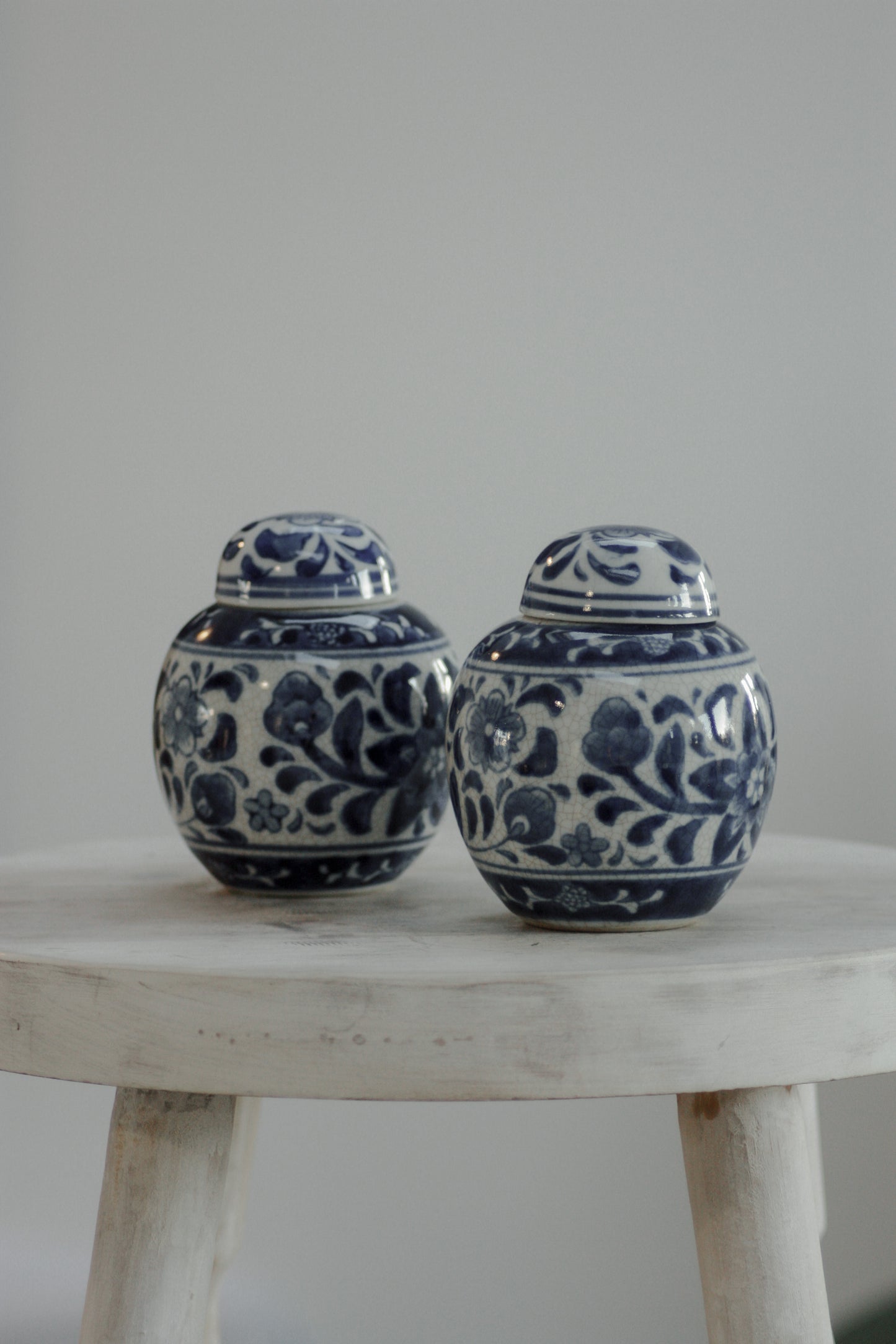 Pair vintage blue and white ginger jars