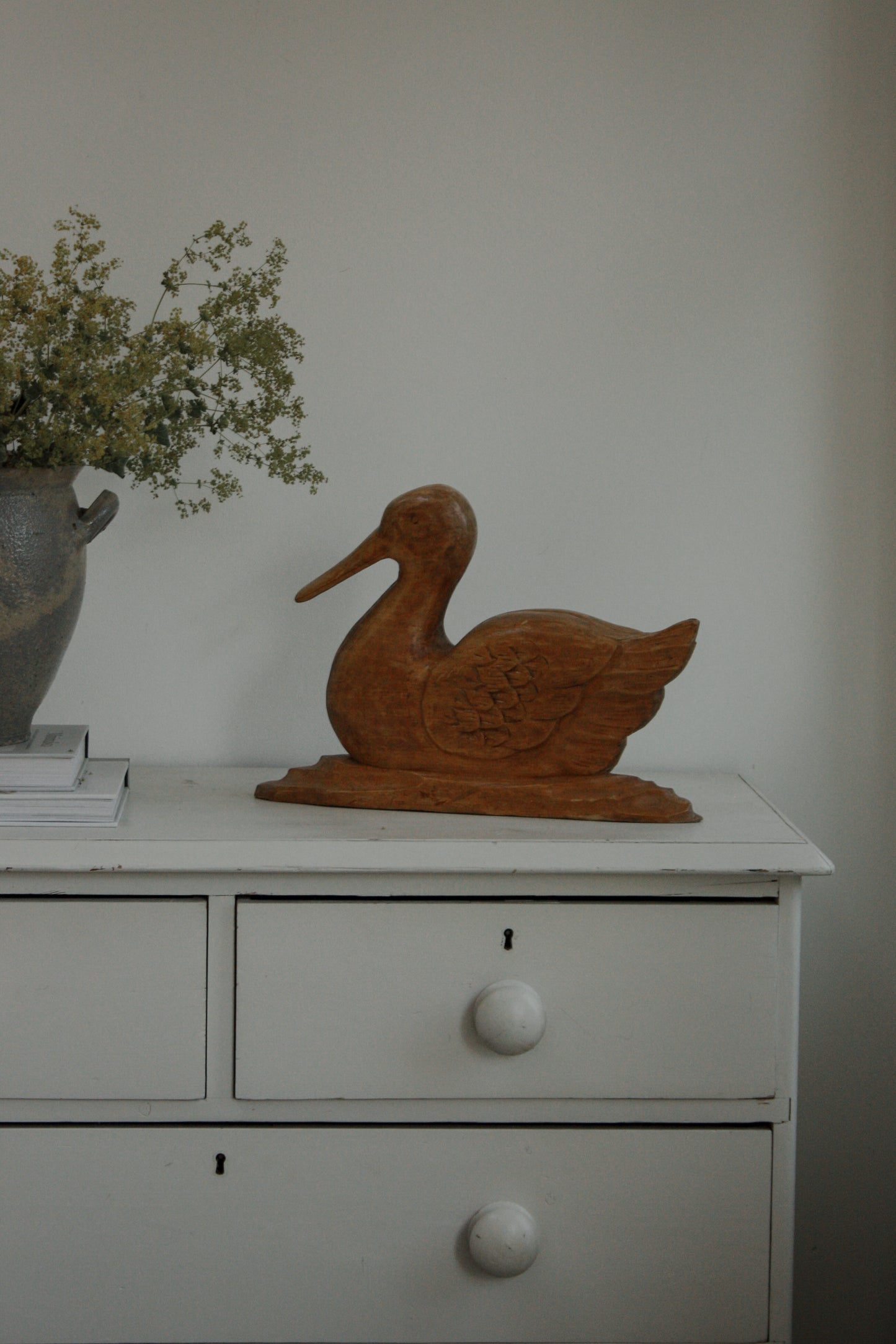 Vintage hand carved wooden duck sculpture