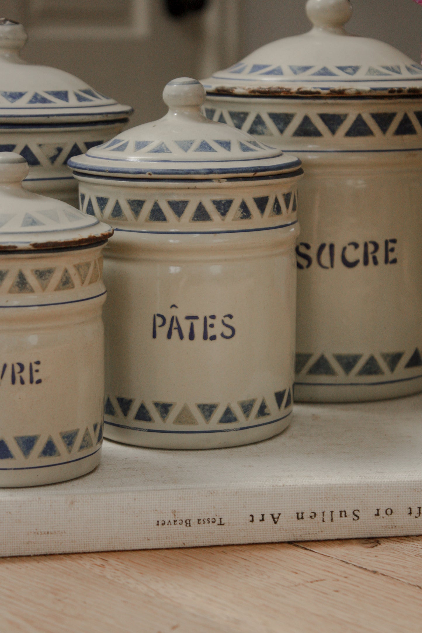 Vintage 1930s enamel canister set - geometric design