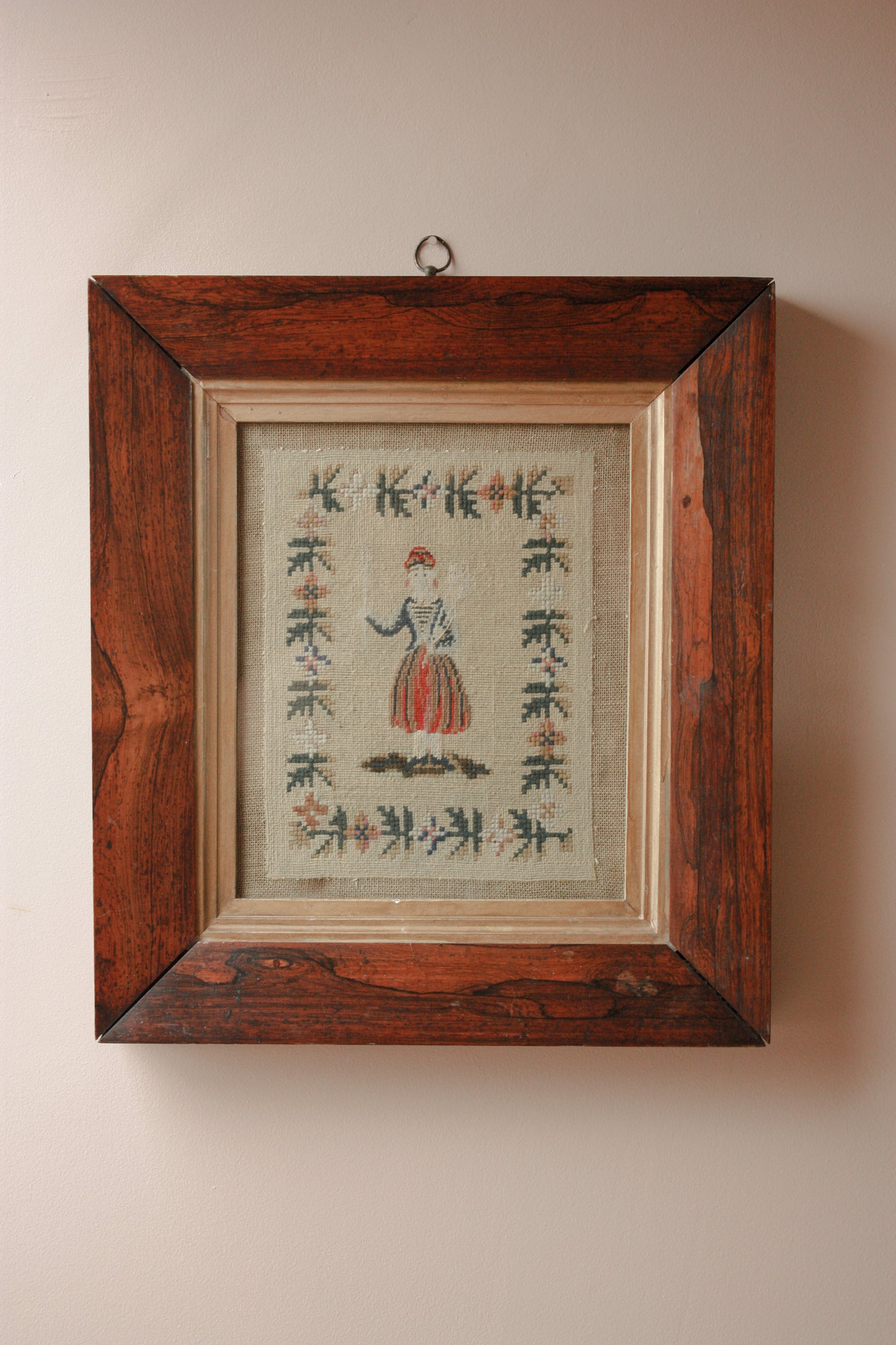 Vintage framed needlepoint embroidery folk art