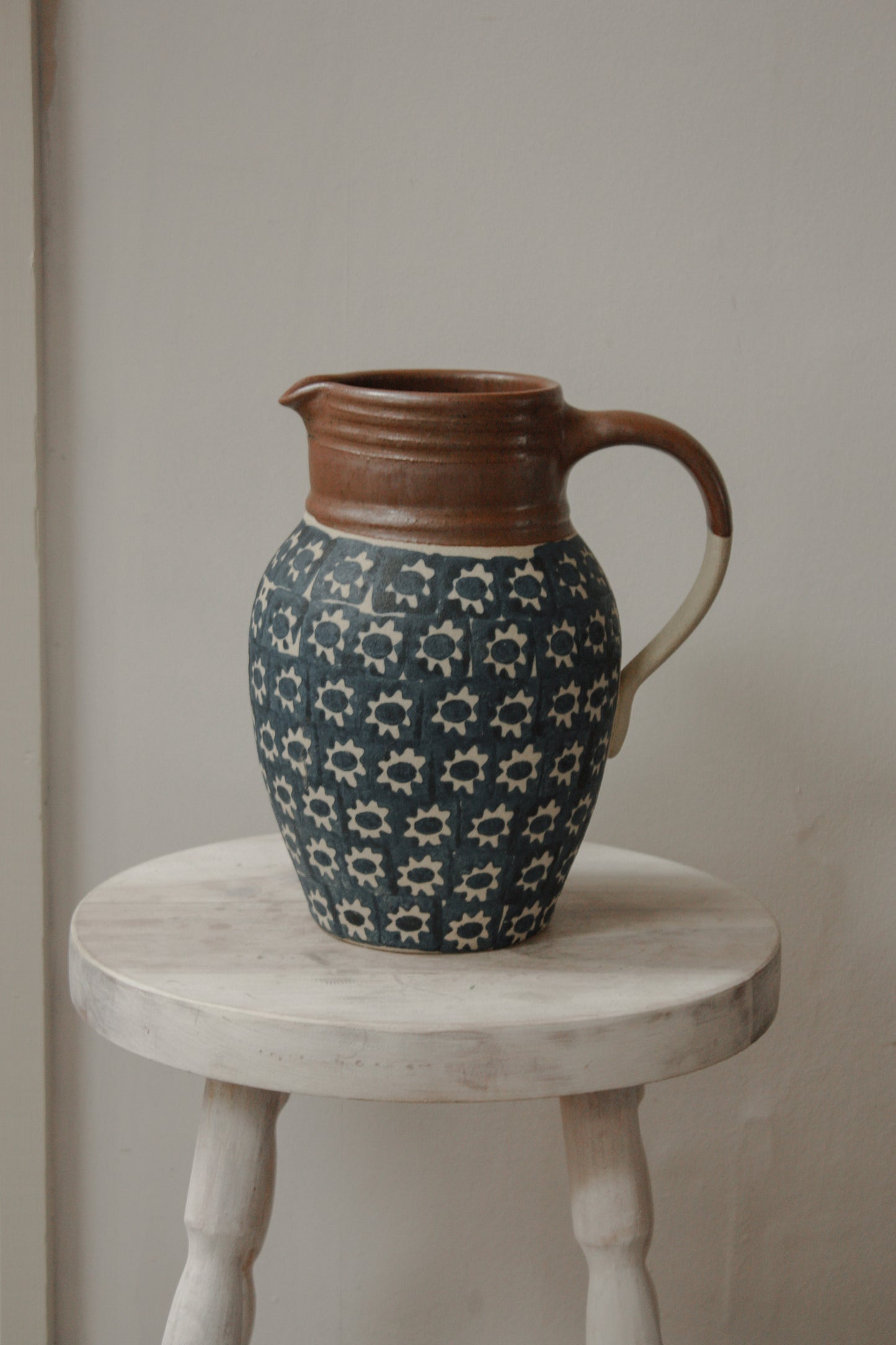 Vintage studio pottery block print pitcher