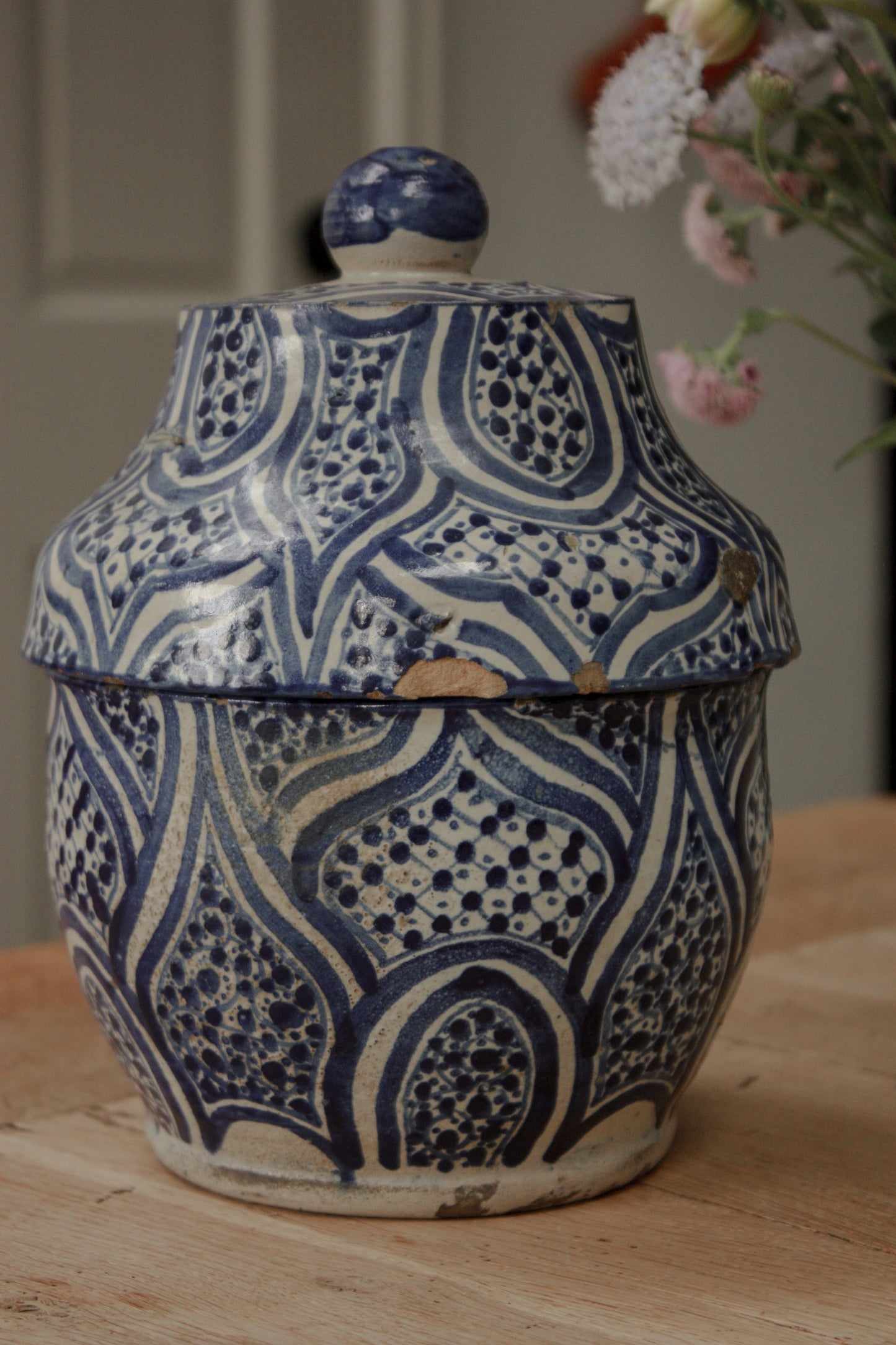 Vintage hand painted blue and white lidded pot