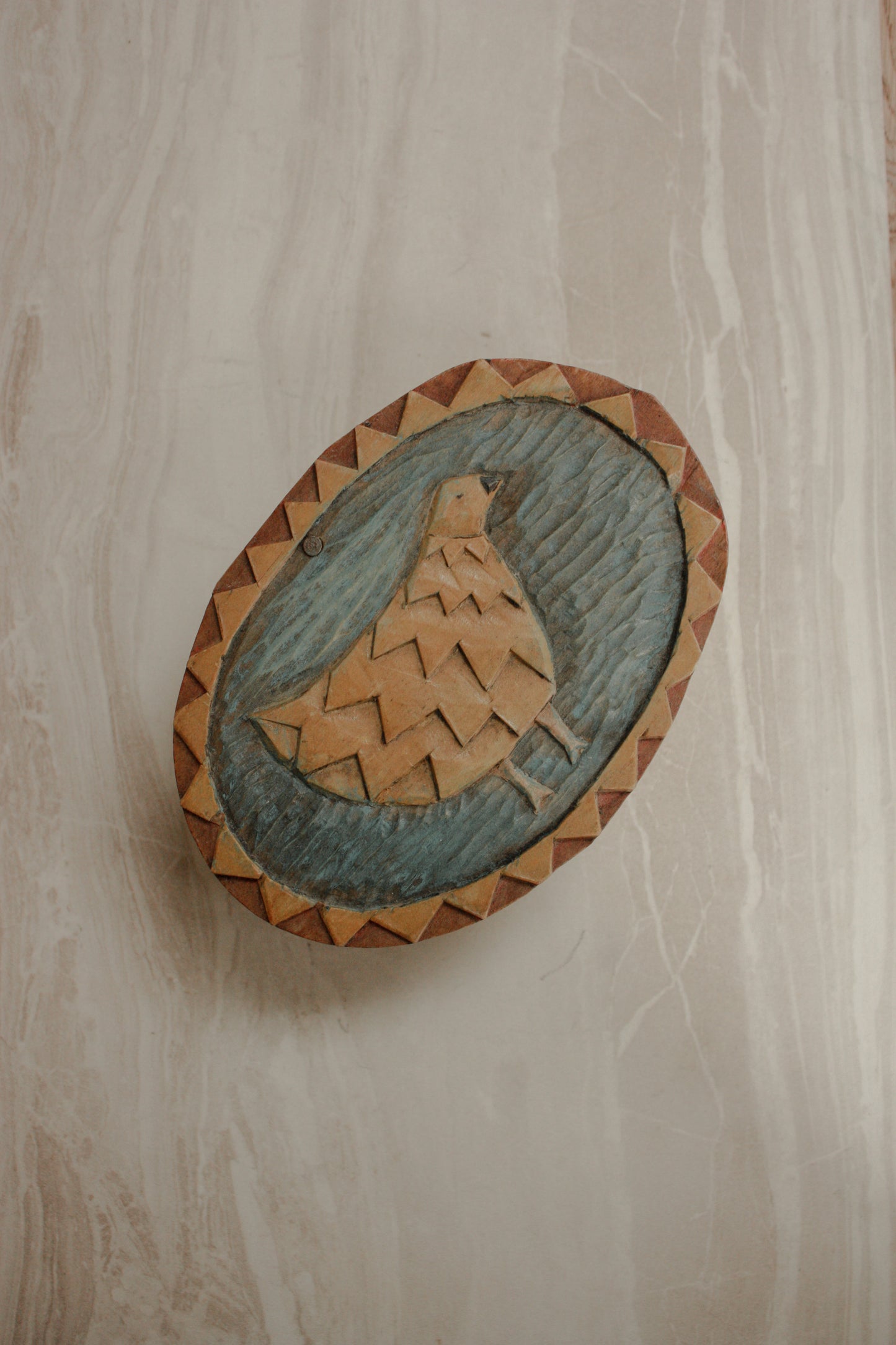 Vintage French folk art trinket box with carved hen design