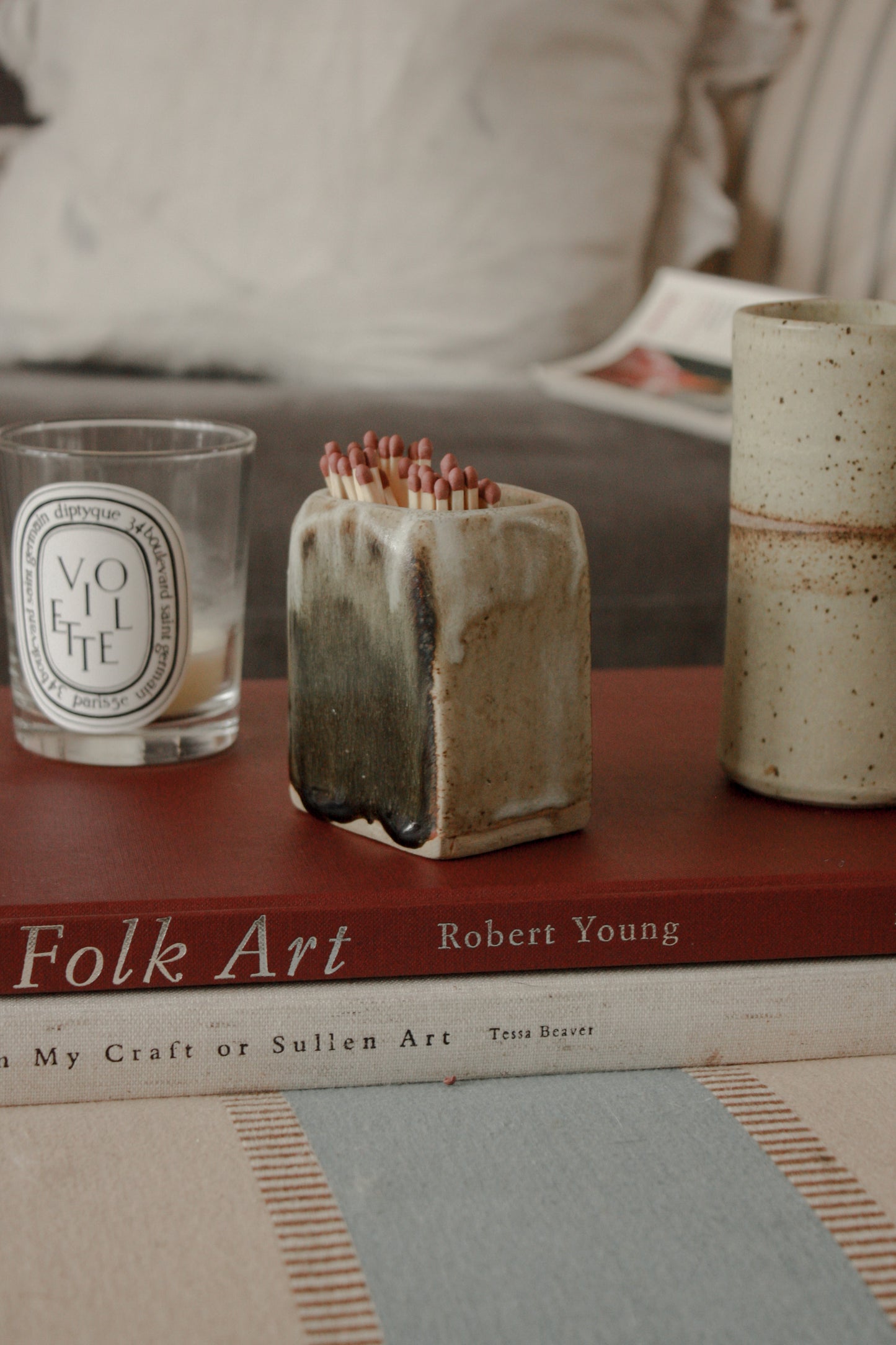 Vintage art pottery match pot (green glaze)
