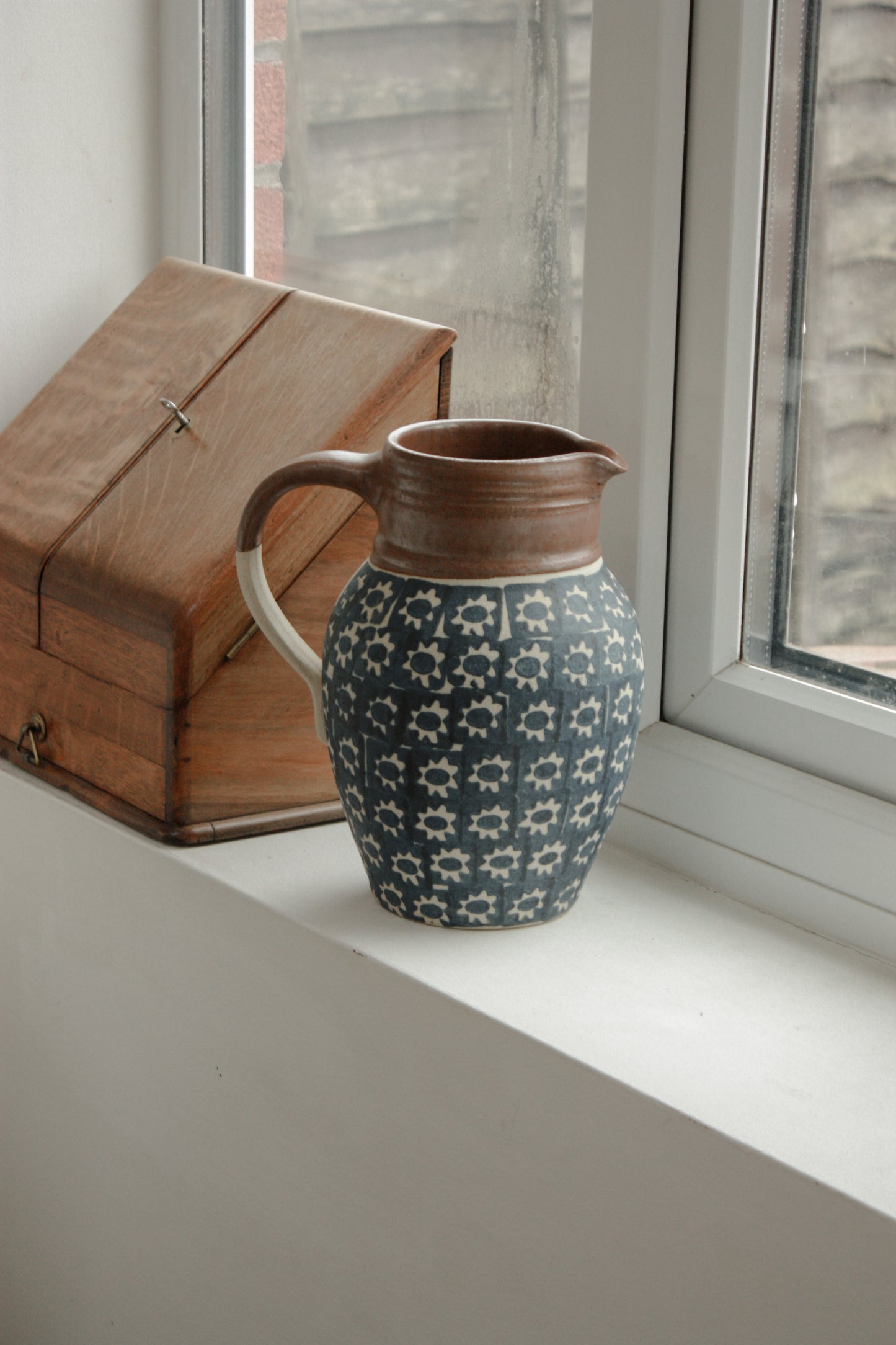 Vintage studio pottery block print pitcher