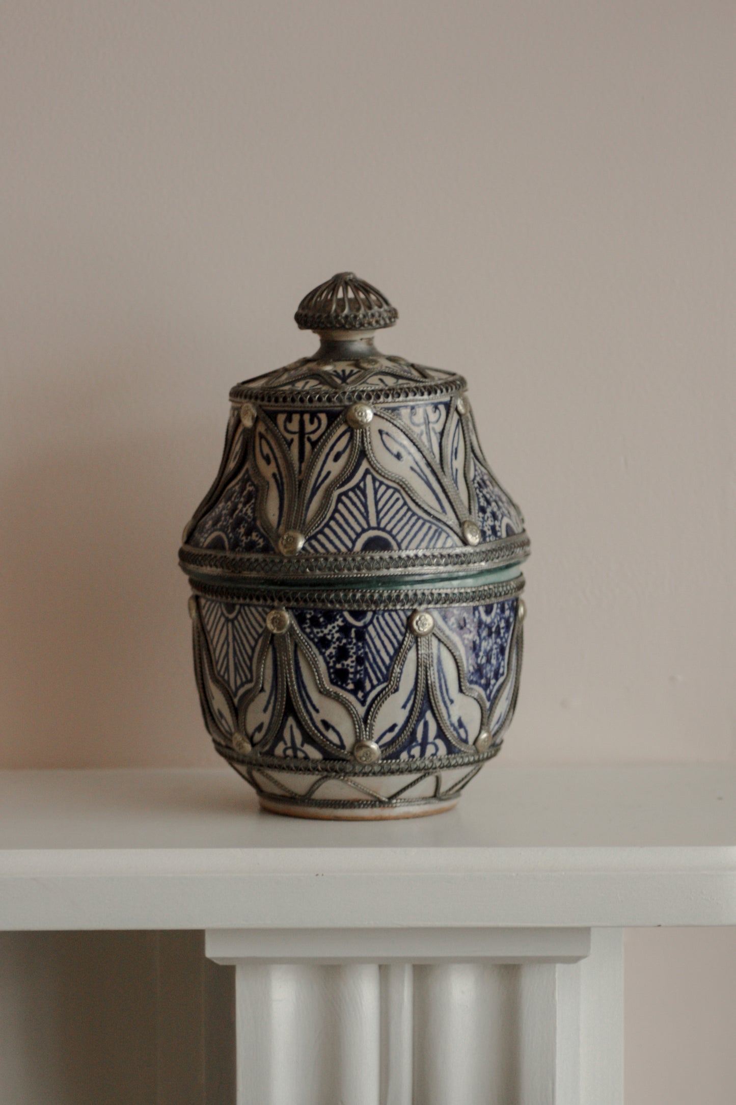 Early 20th century Moroccan ceramic pot with pewter shell
