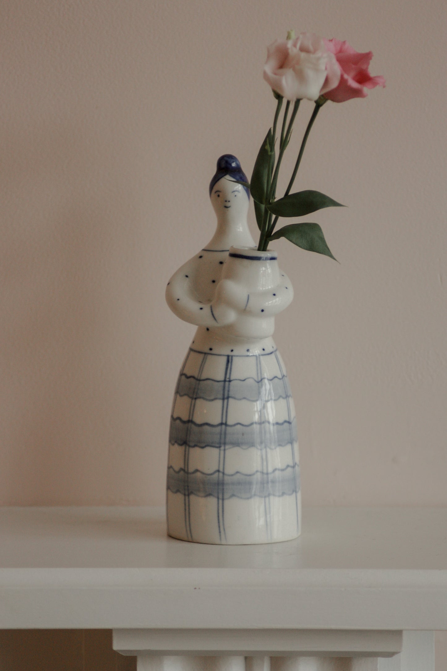 Vintage ceramic white and blue sculptural bud vase