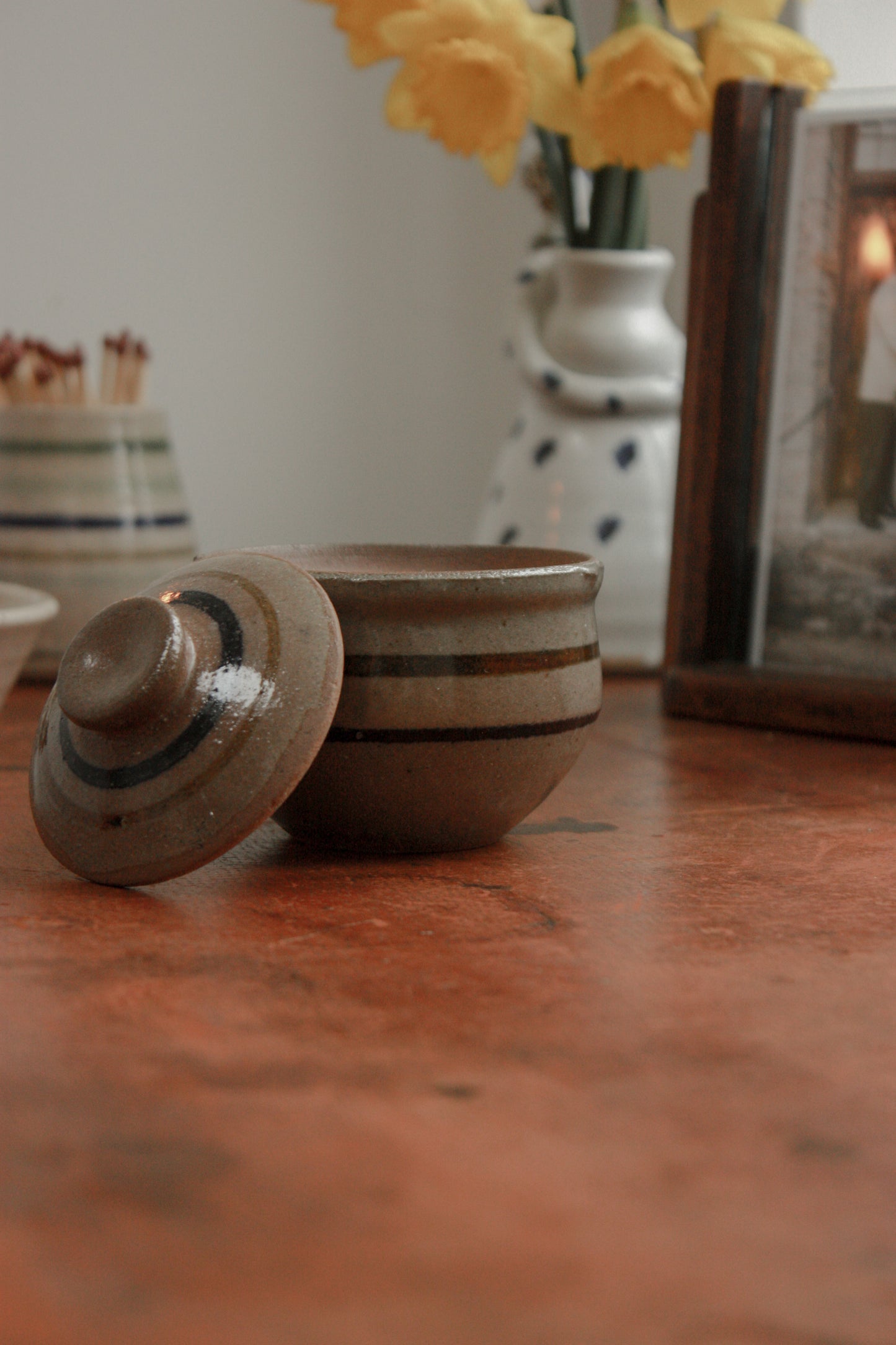Vintage studio pottery striped trinket pot