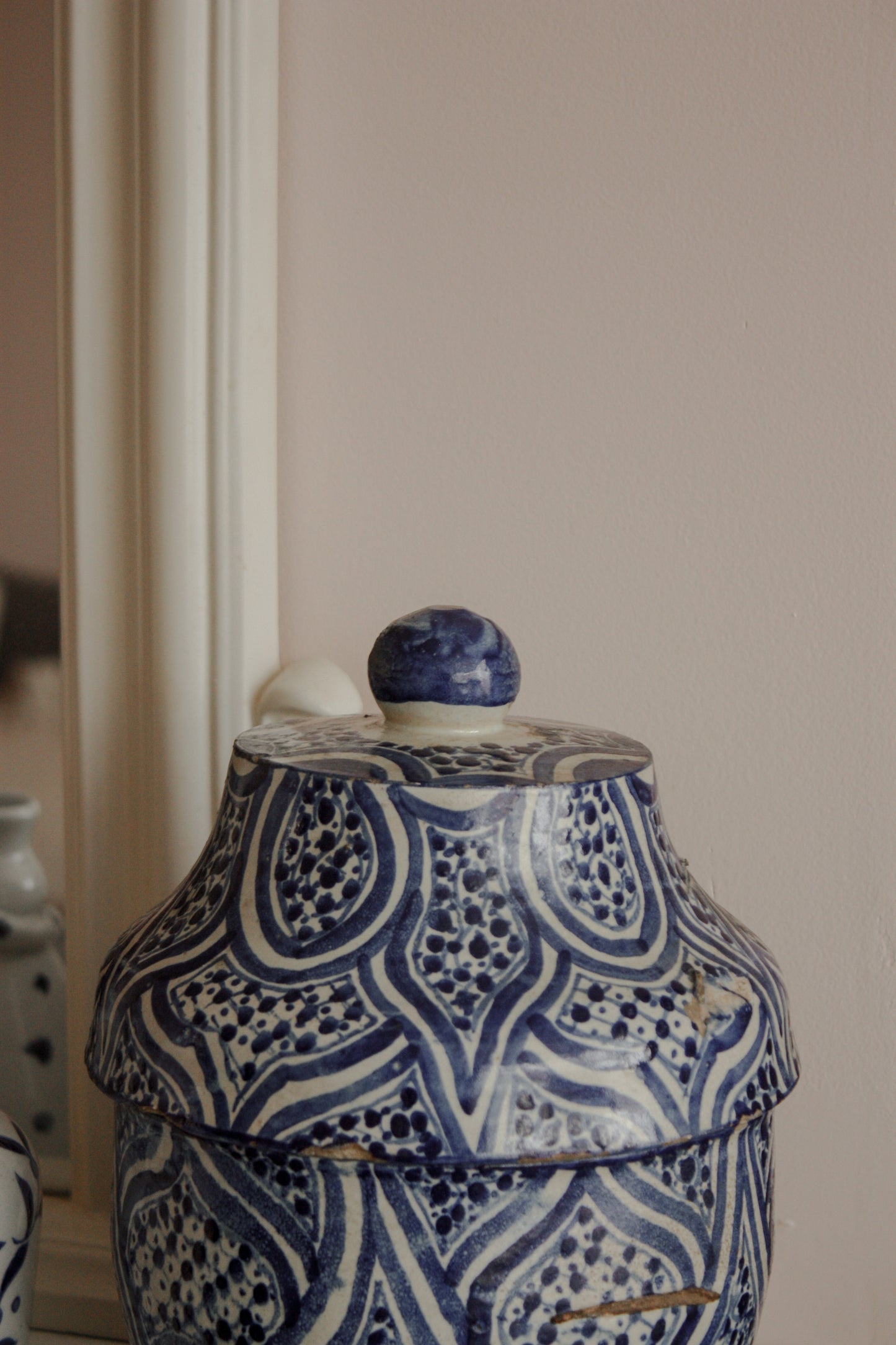 Vintage hand painted blue and white lidded pot