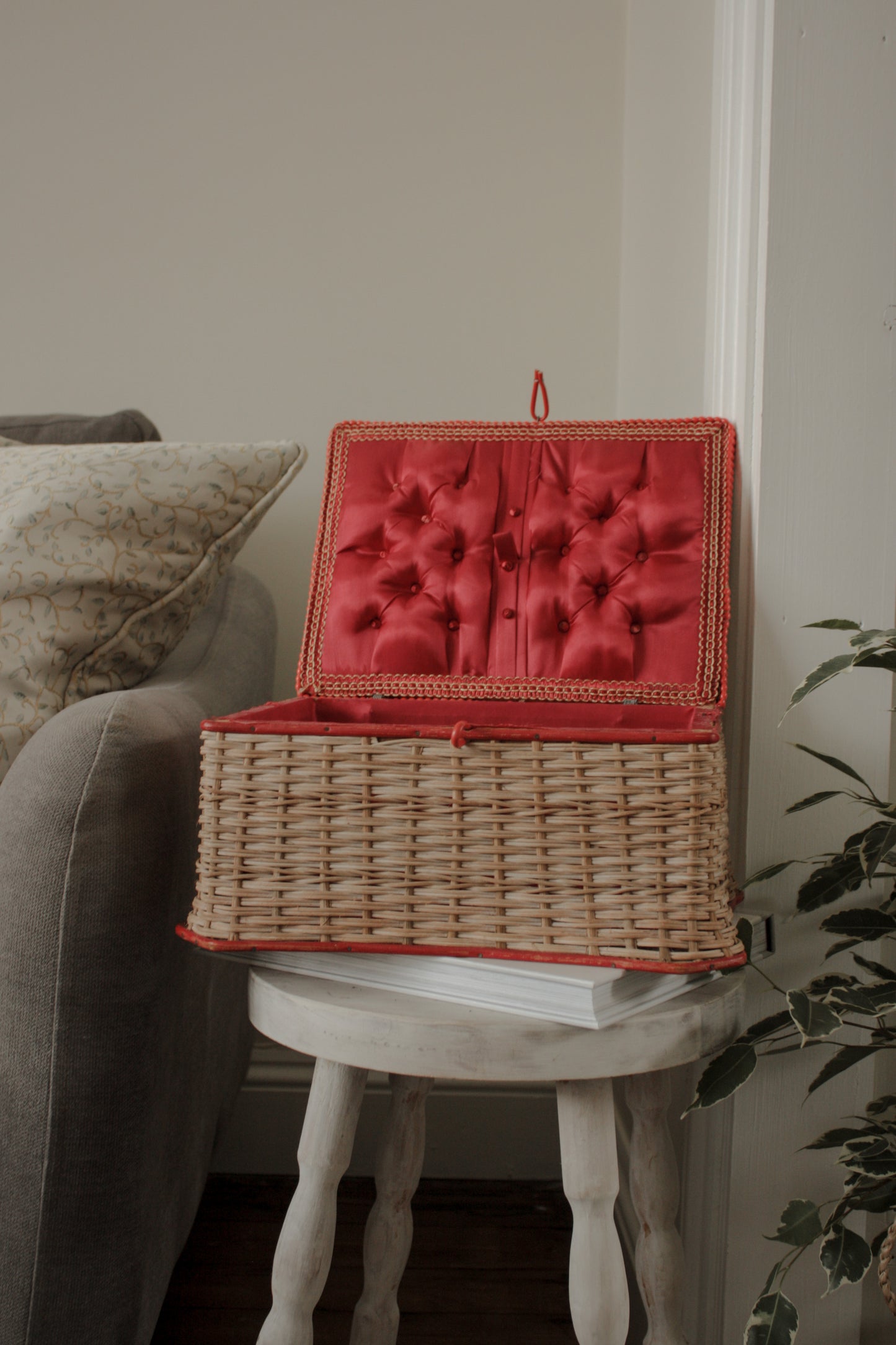 Vintage sewing box with red lining and trim