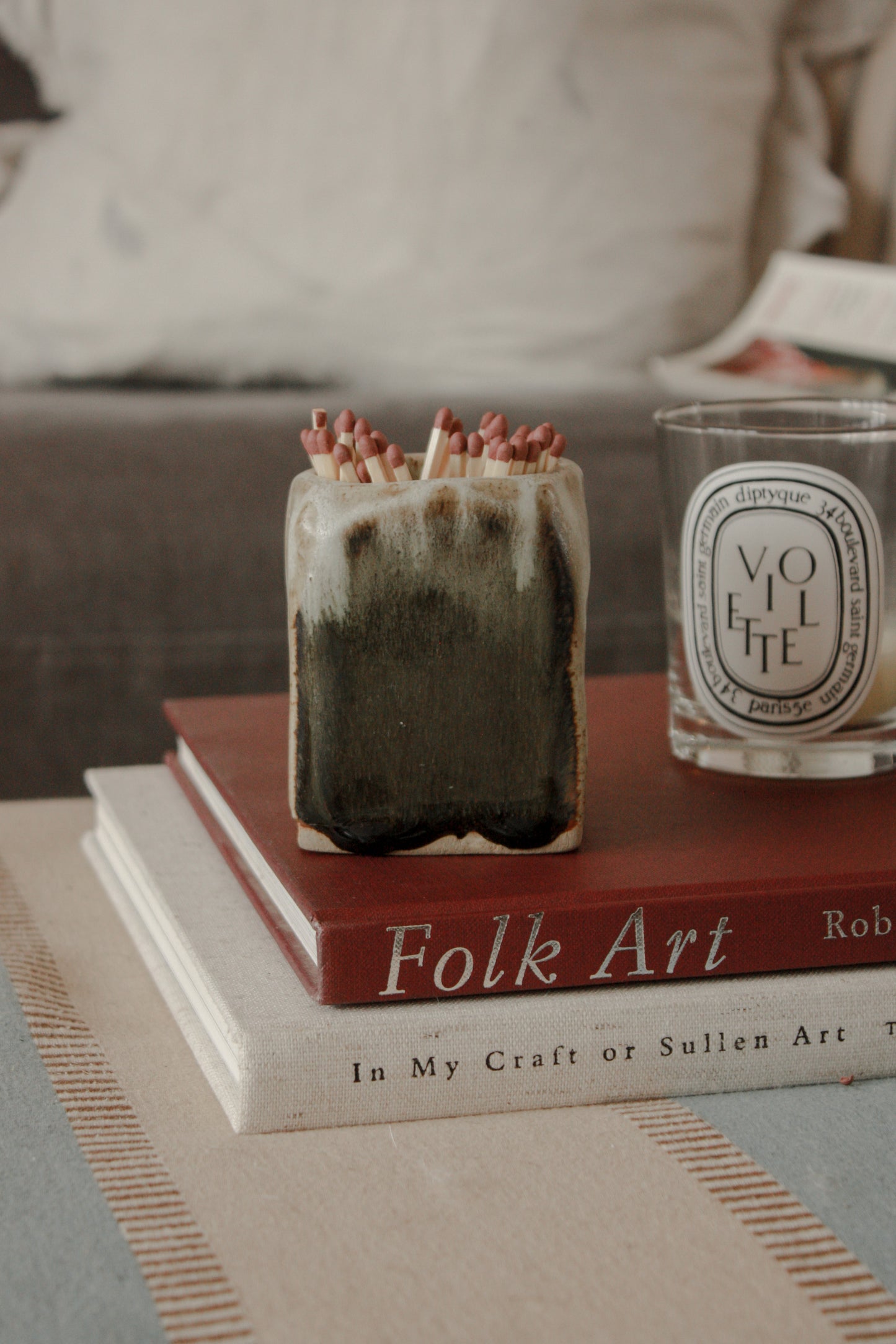 Vintage art pottery match pot (green glaze)