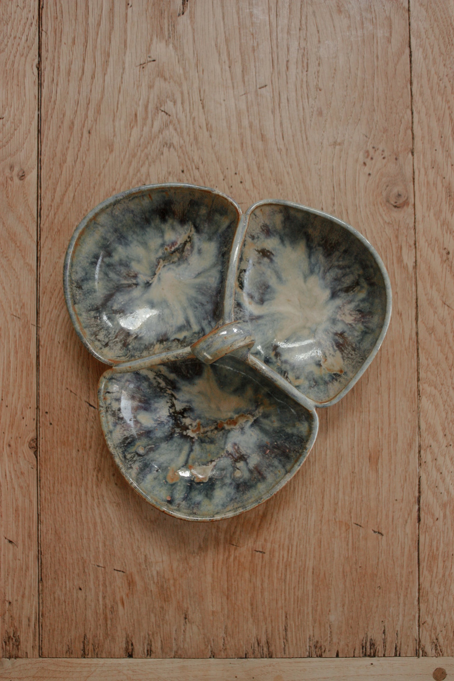 Studio pottery sectional dish with ocean glaze