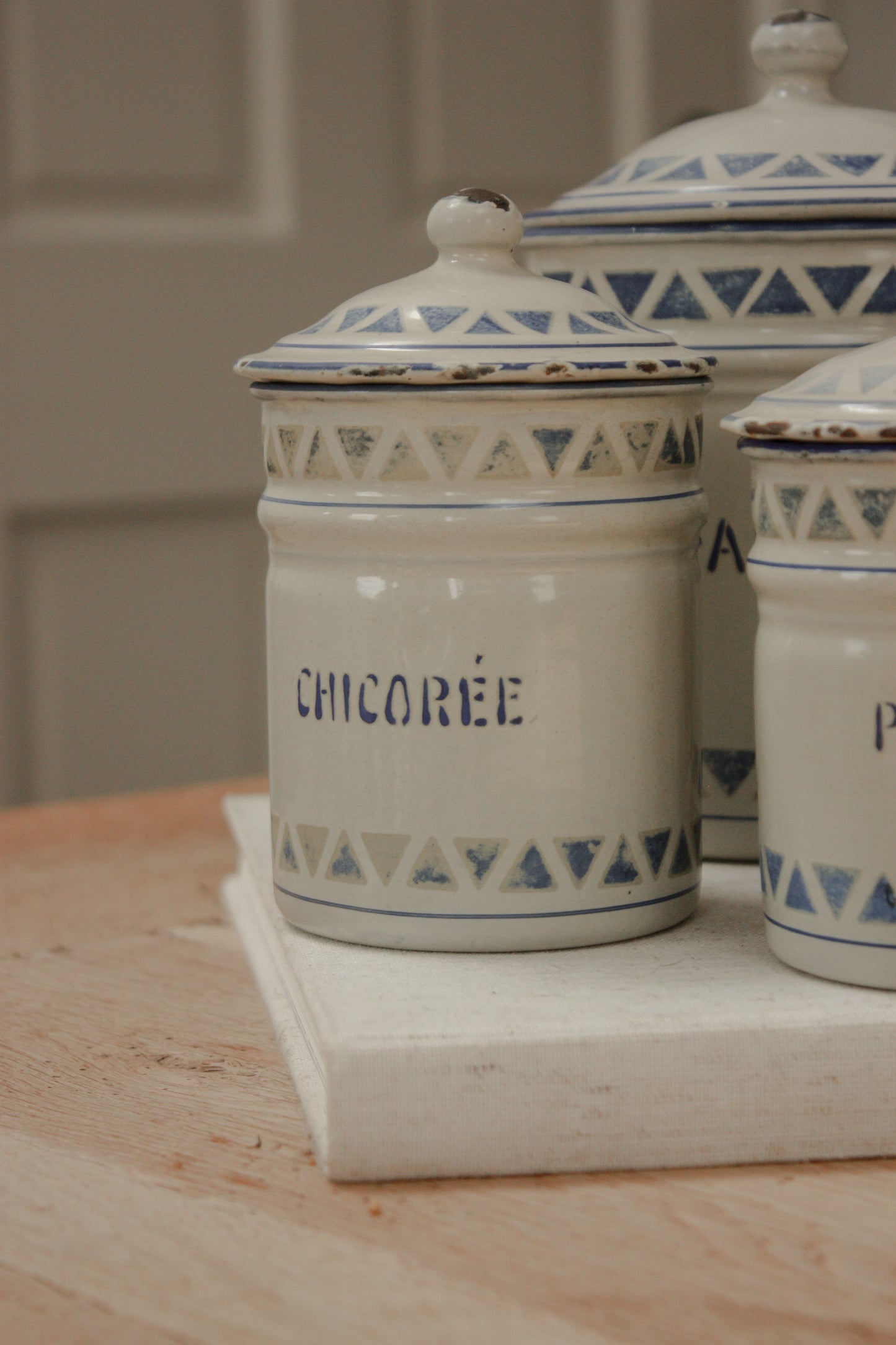 Vintage 1930s enamel canister set - geometric design