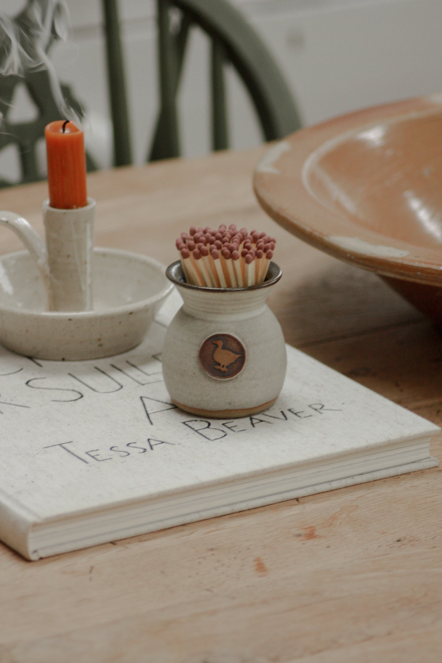 Vintage pottery match pot with duck motif