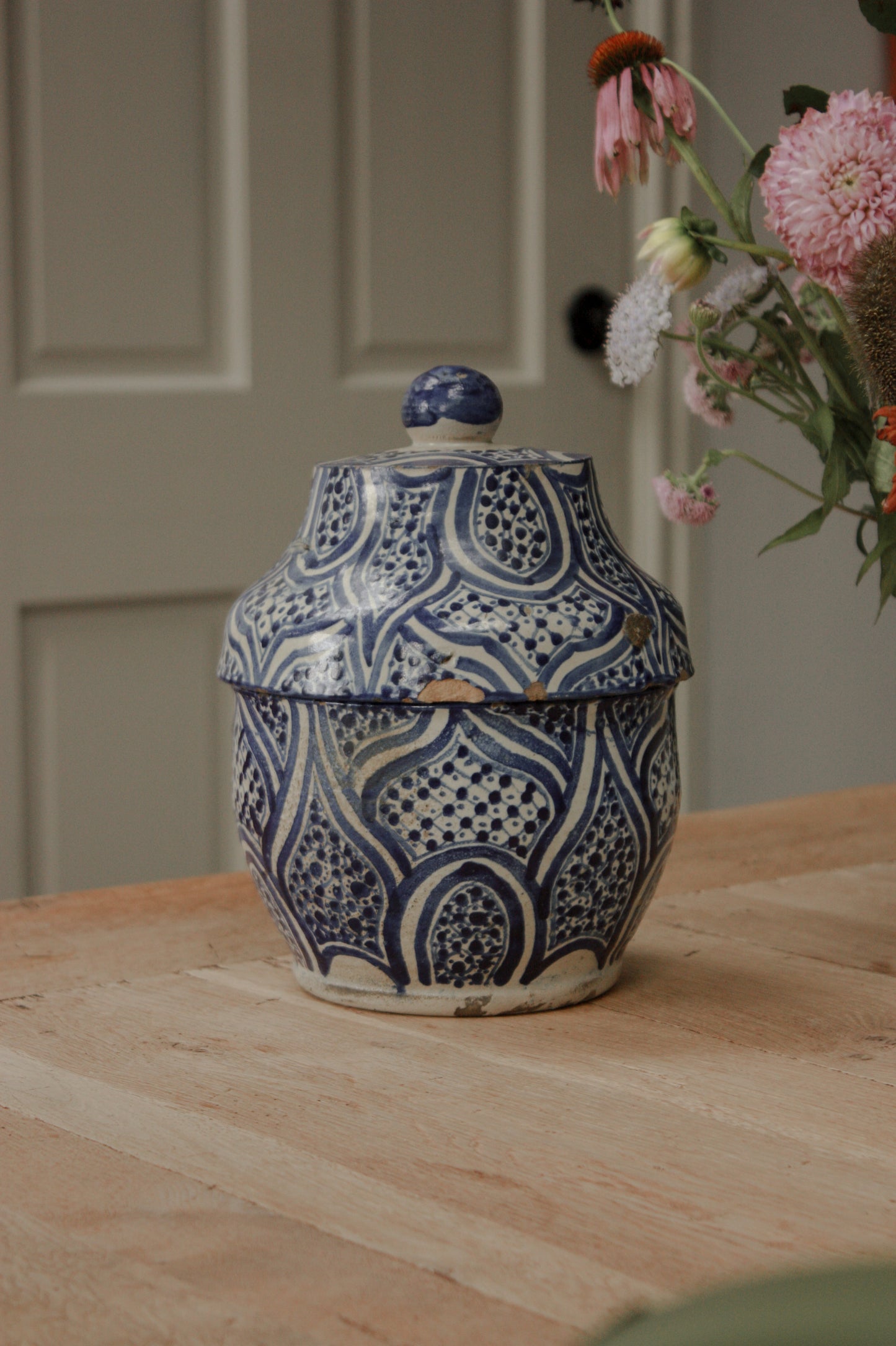 Vintage hand painted blue and white lidded pot