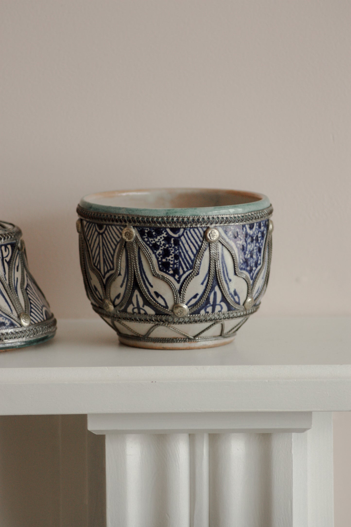 Early 20th century Moroccan ceramic pot with pewter shell