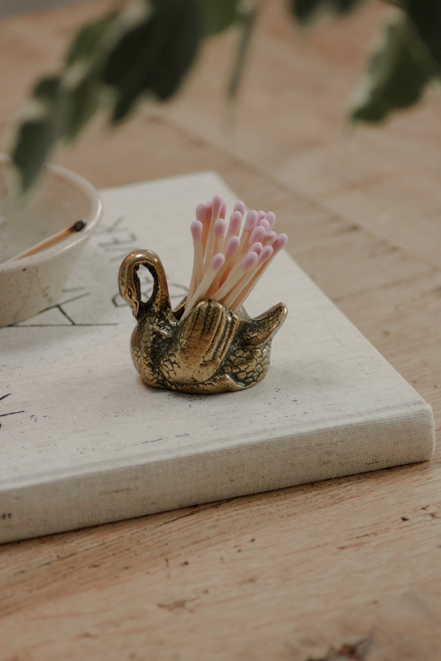 Vintage brass swan match pot