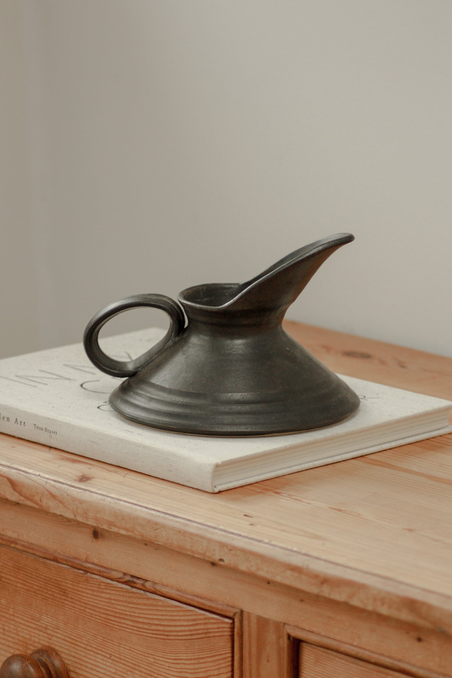 Vintage studio pottery shallow jug with long spout