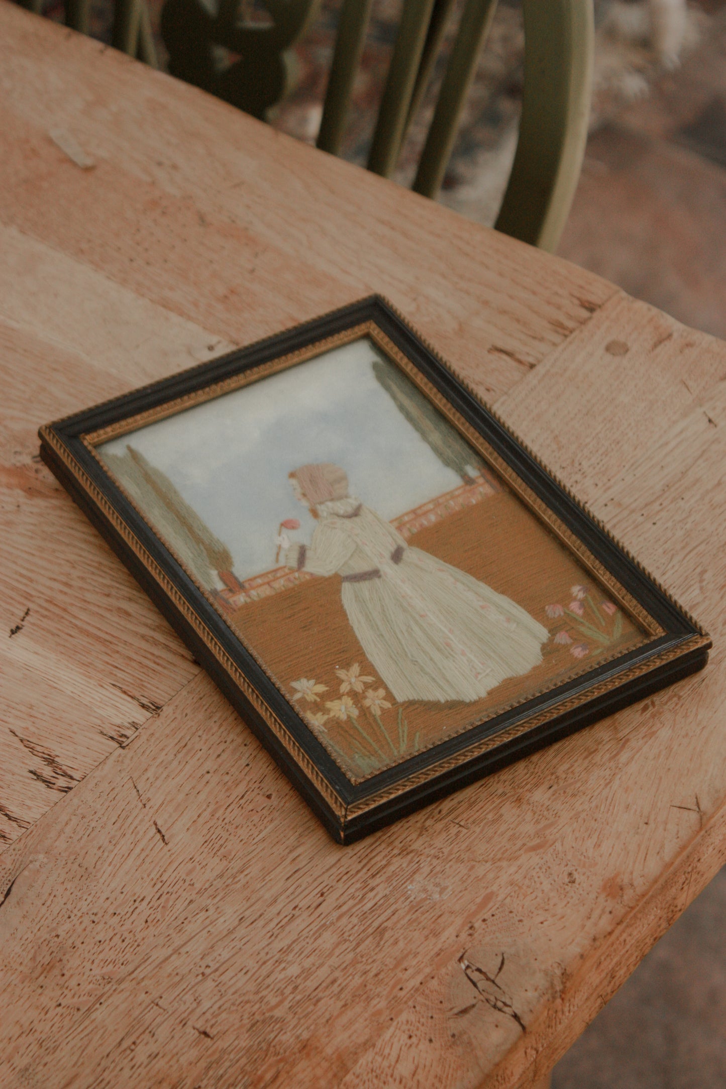 Antique folk art framed embroidery picture - stop and smell the roses