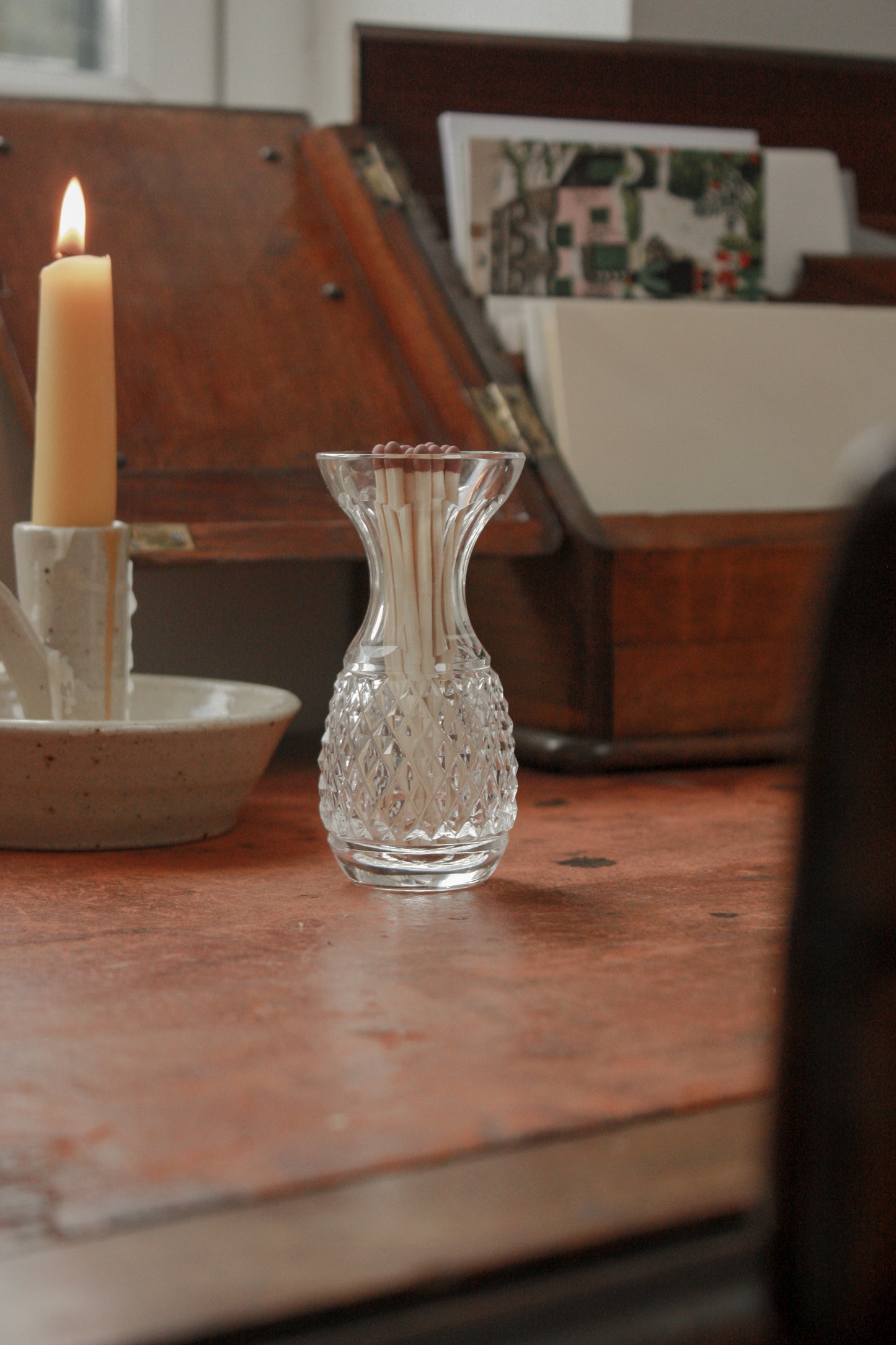 Vintage handmade glass match pot