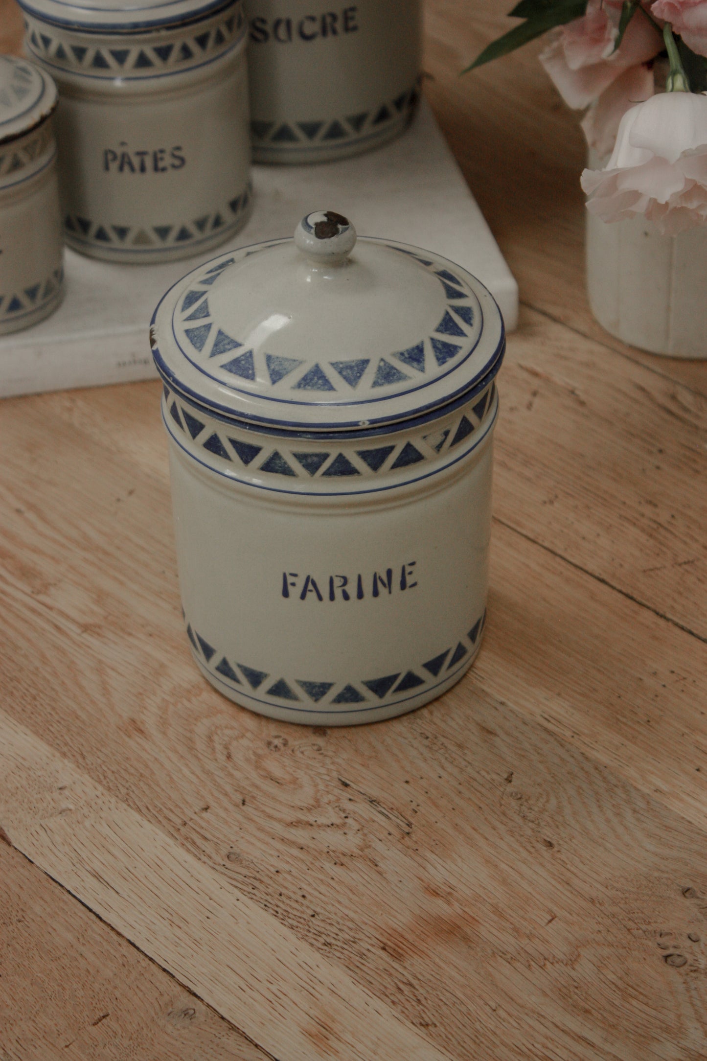 Vintage 1930s enamel canister set - geometric design