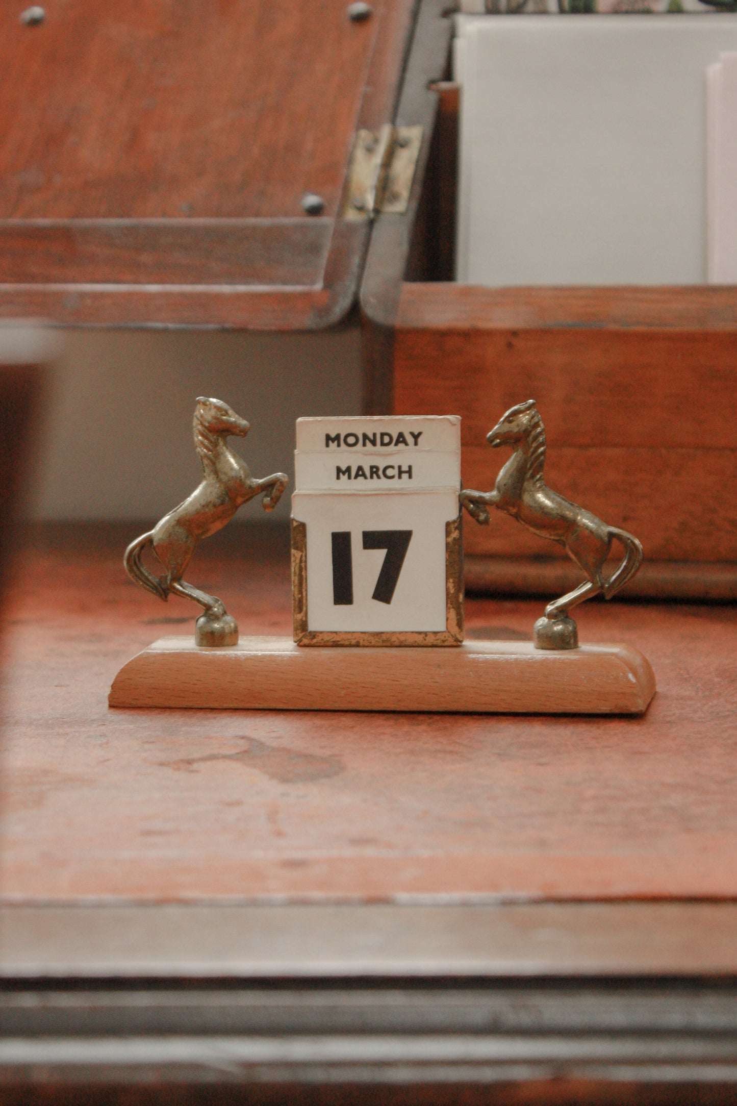 Vintage brass rearing horses perpetual calendar