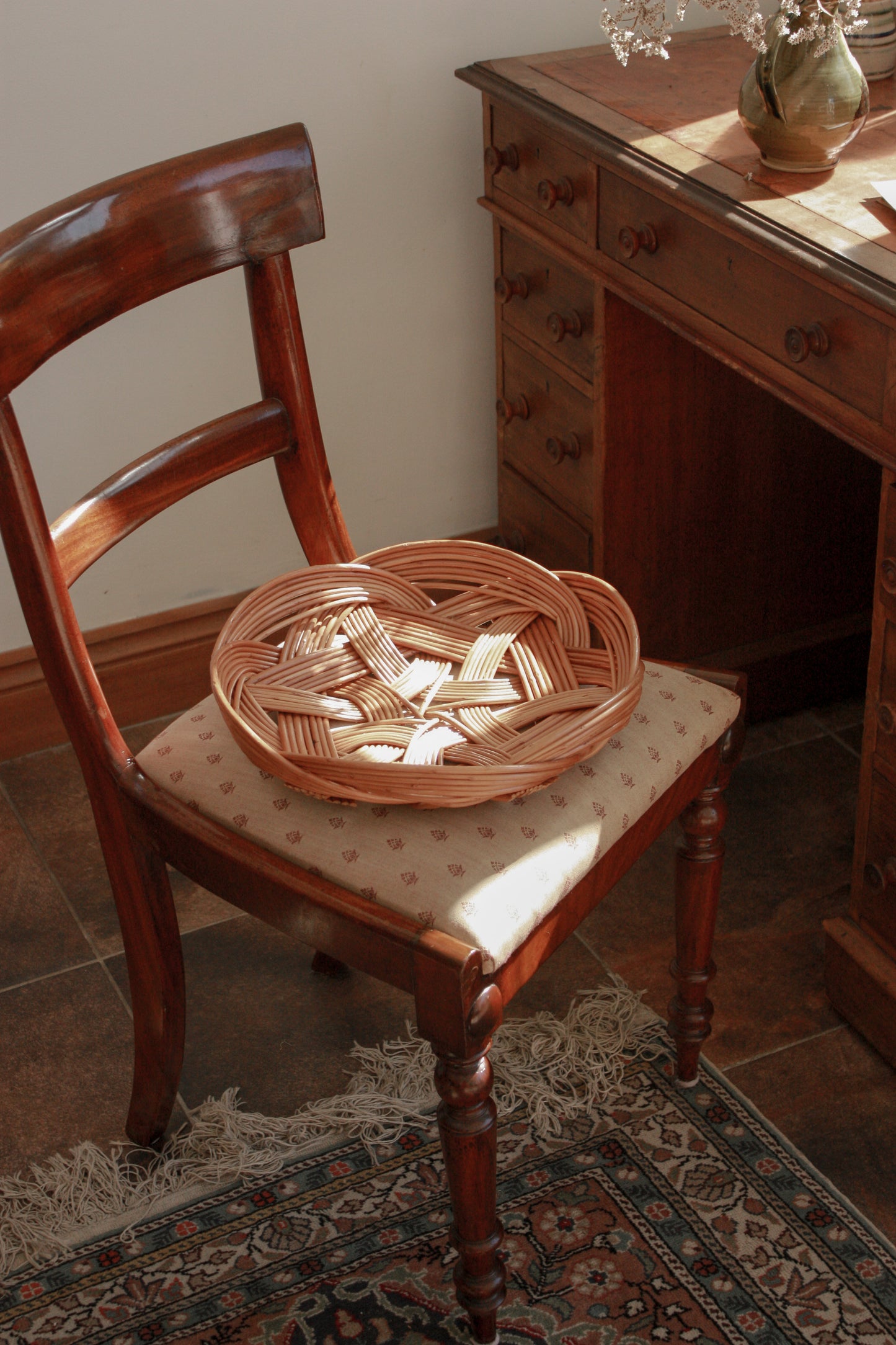 Vintage hand woven shallow basket bowl