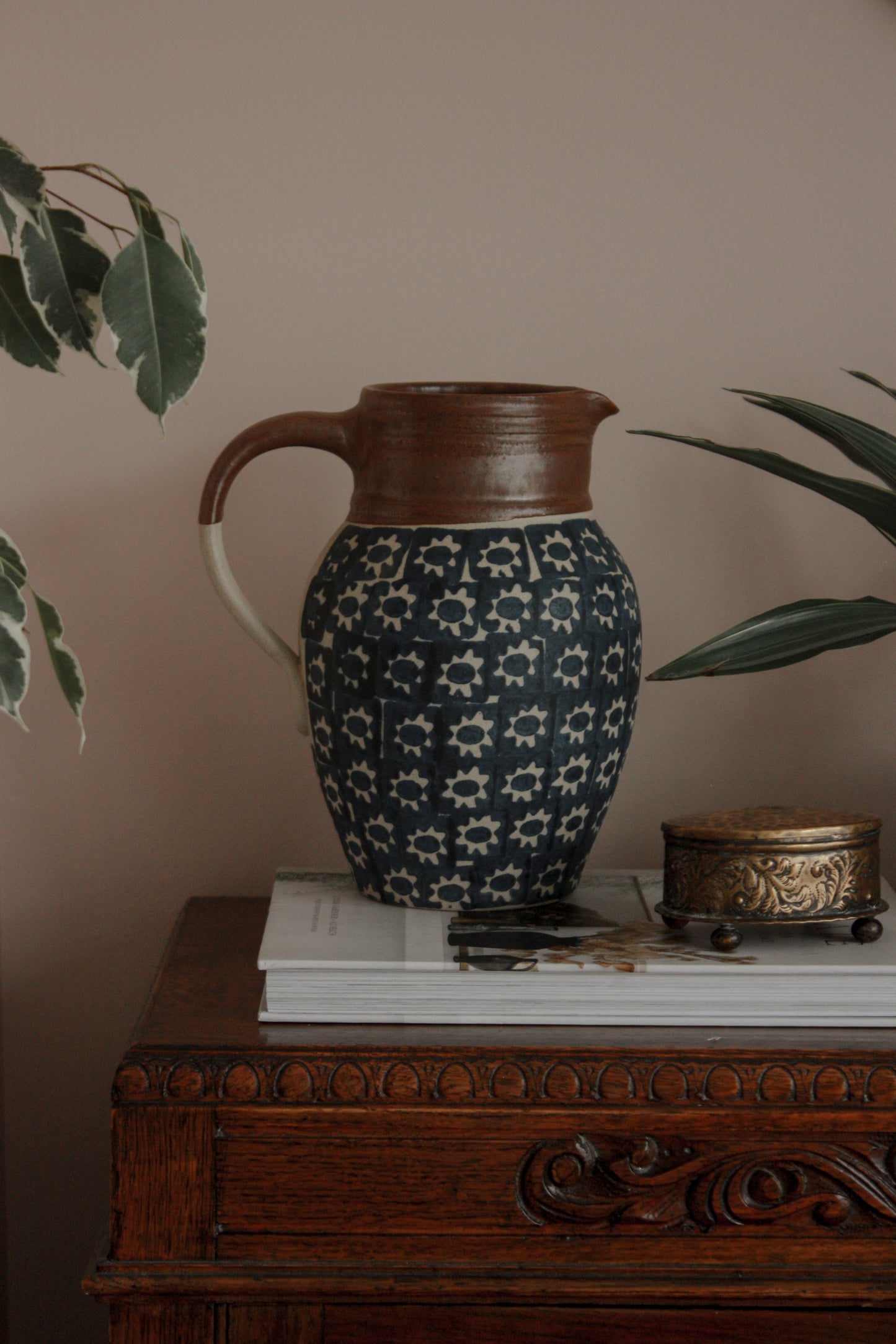 Vintage studio pottery block print pitcher
